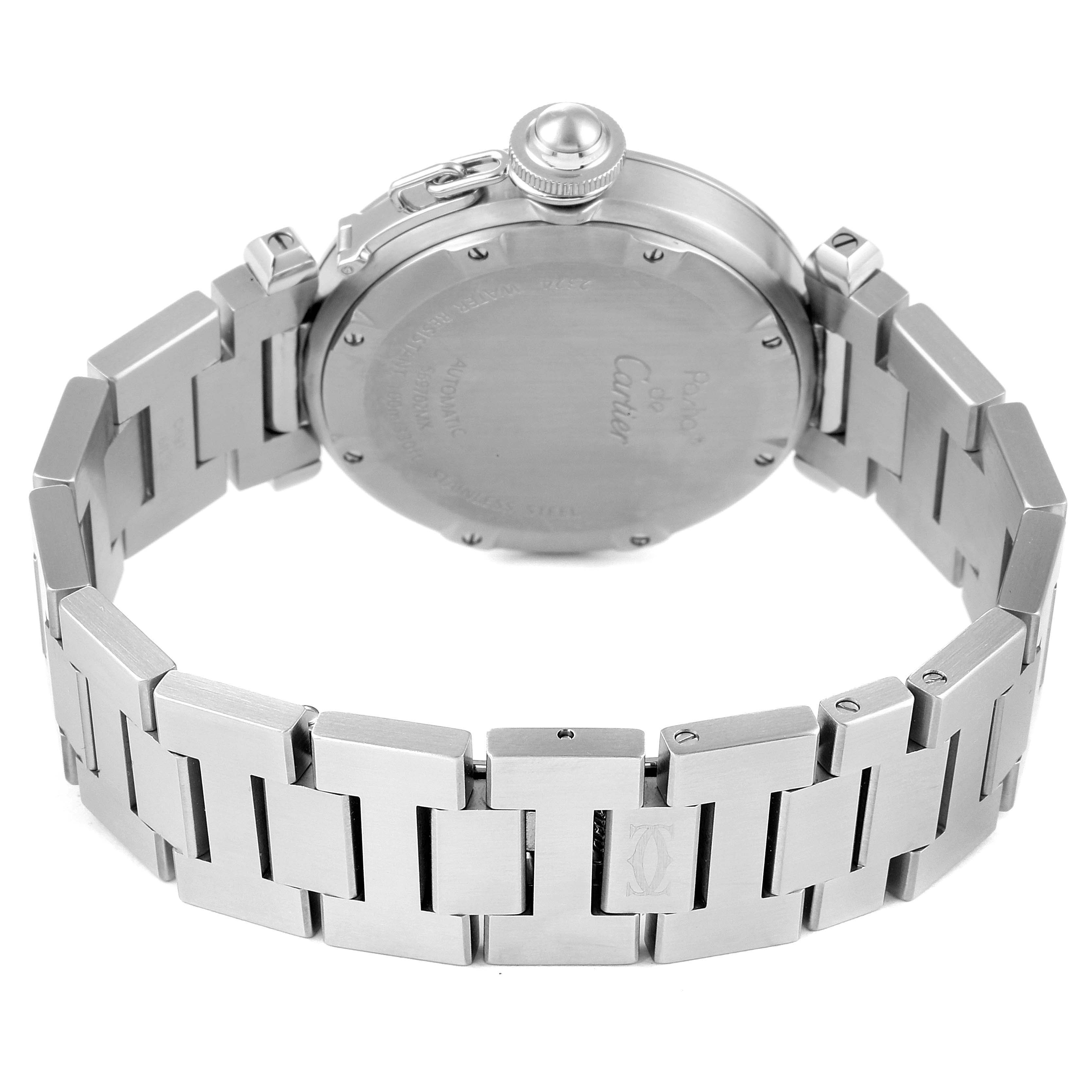 This image shows the reverse side and metal bracelet of the Cartier Pasha W31074M7 Men's Stainless Steel White Dial W31074M7 Men's Stainless Steel White Dial watch at a slight angle.