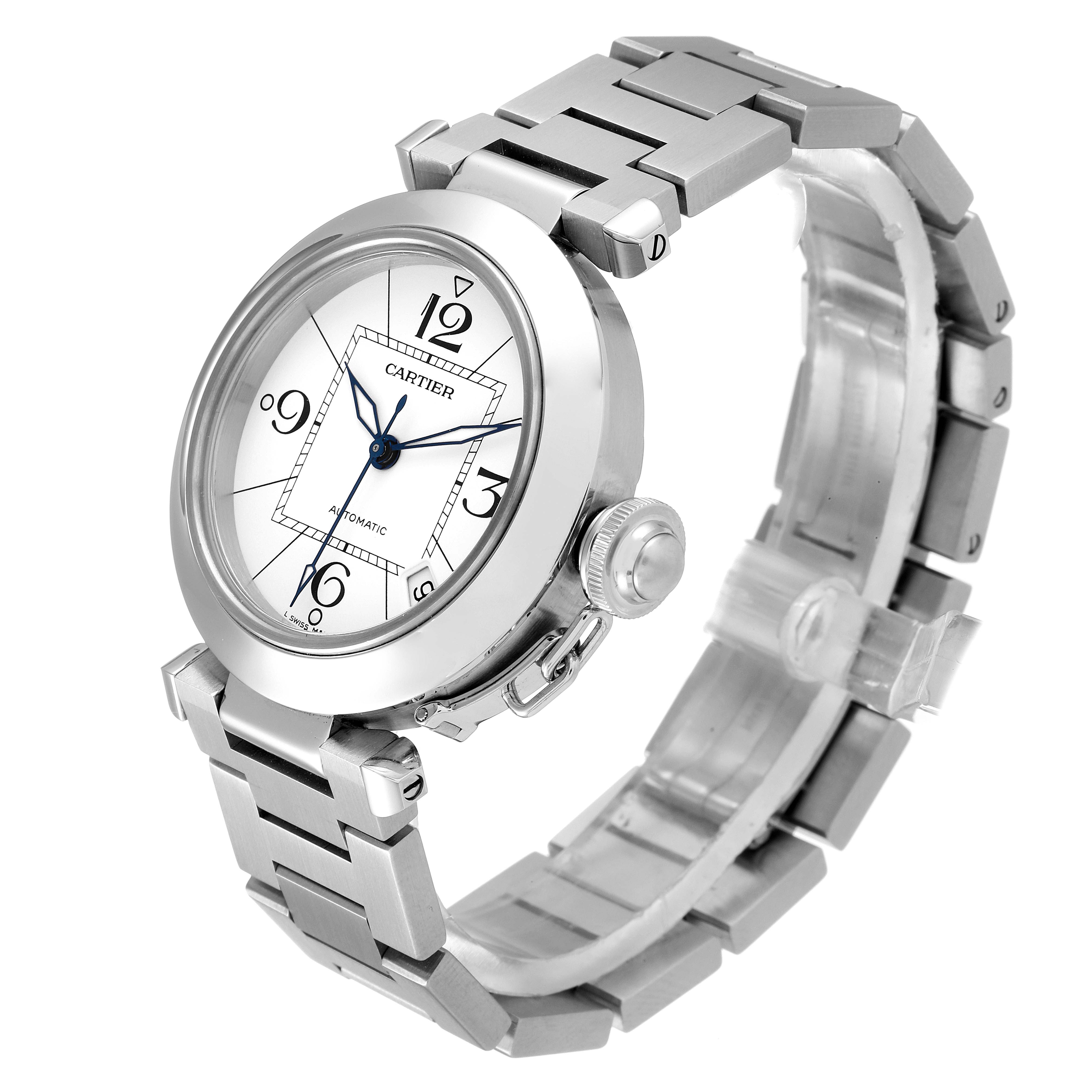 The image shows a Cartier Pasha W31074M7 Men's Stainless Steel White Dial W31074M7 Men's Stainless Steel White Dial watch angled from the front left, highlighting the dial, bezel, crown, and bracelet.