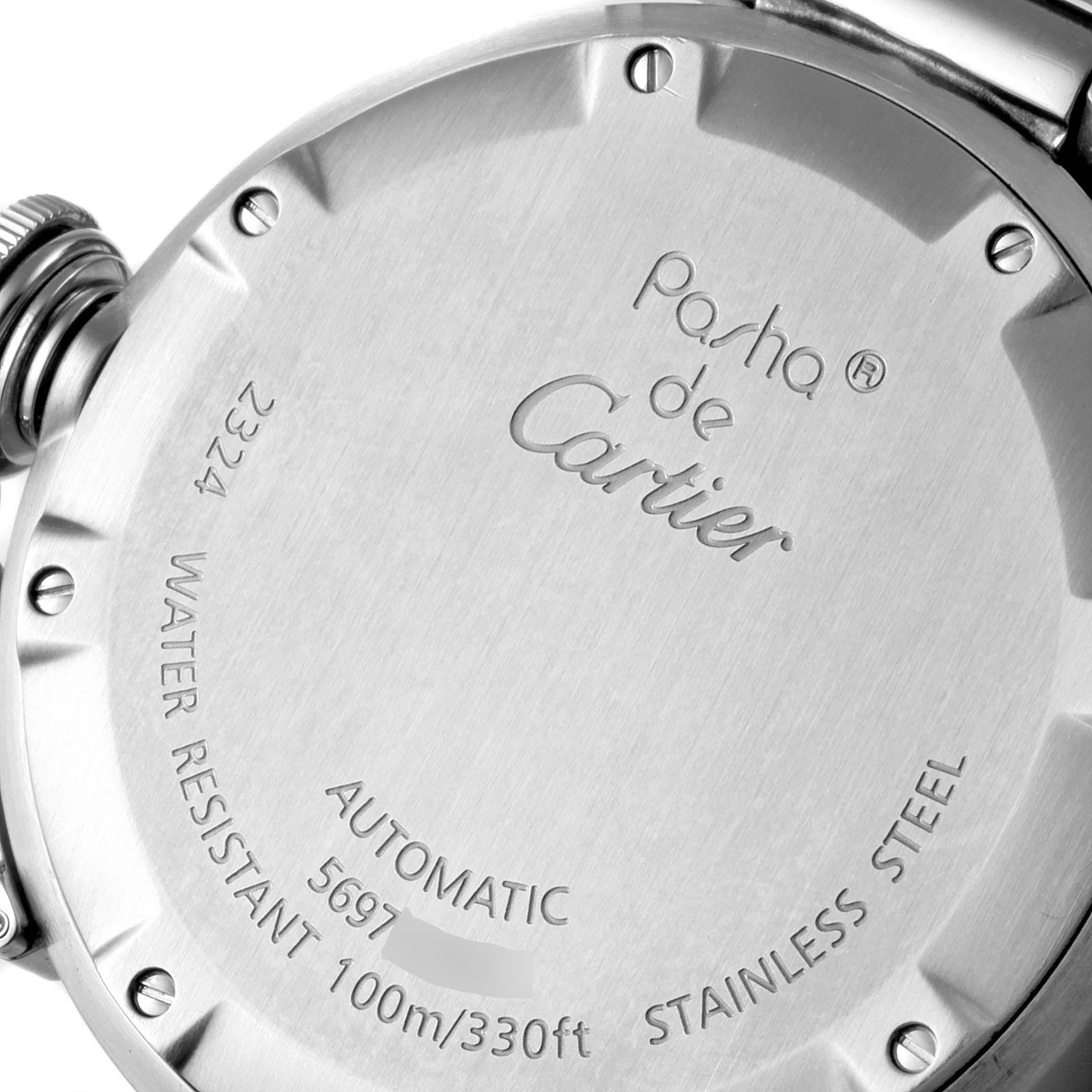 The image shows the back casing of a Cartier Pasha W31074M7 Men's Stainless Steel White Dial W31074M7 Men's Stainless Steel White Dial watch, highlighting its water resistance and automatic movement details.