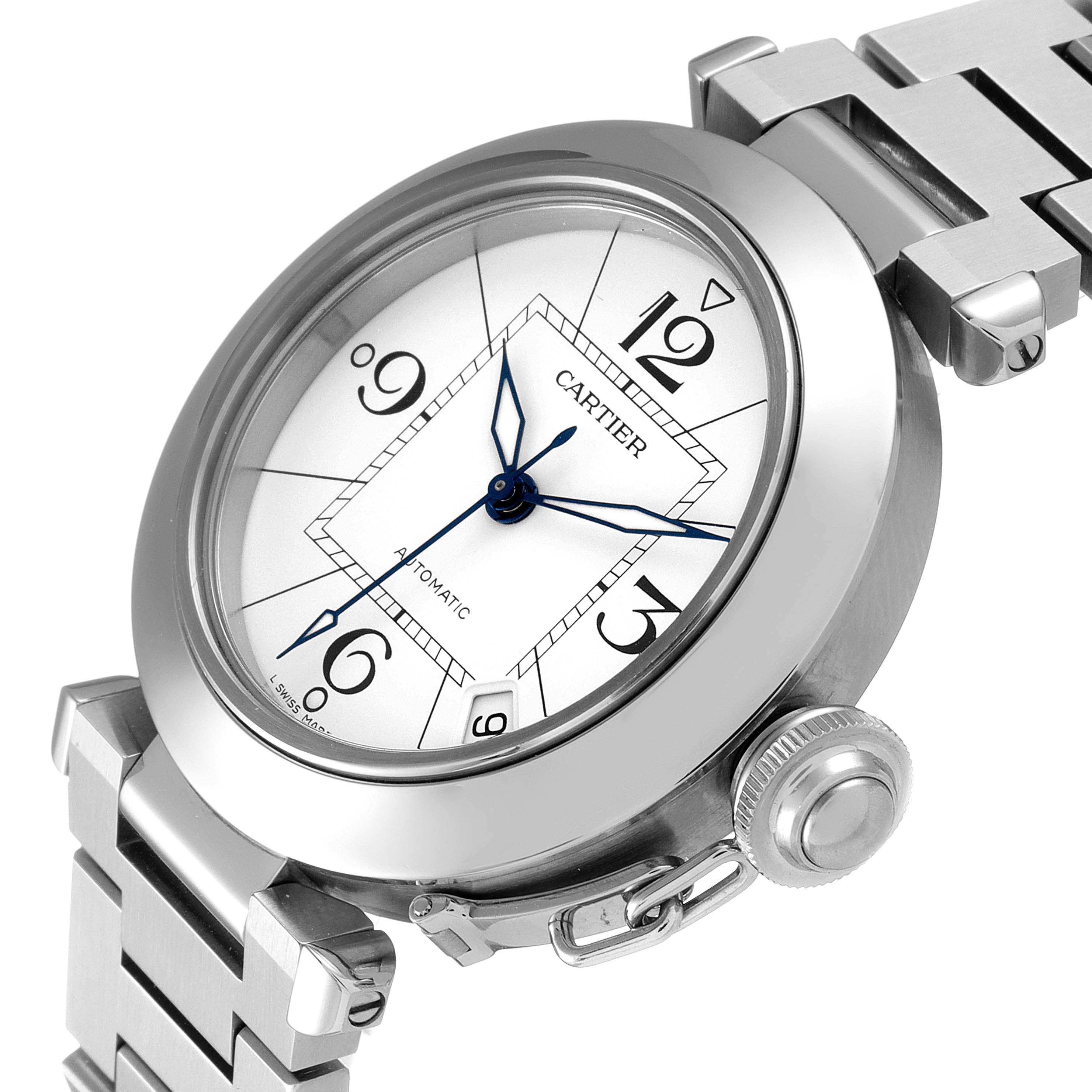 The image shows the face and part of the band of a Cartier Pasha W31074M7 Men's Stainless Steel White Dial W31074M7 Men's Stainless Steel White Dial watch at an angle highlighting the crown and clasp.