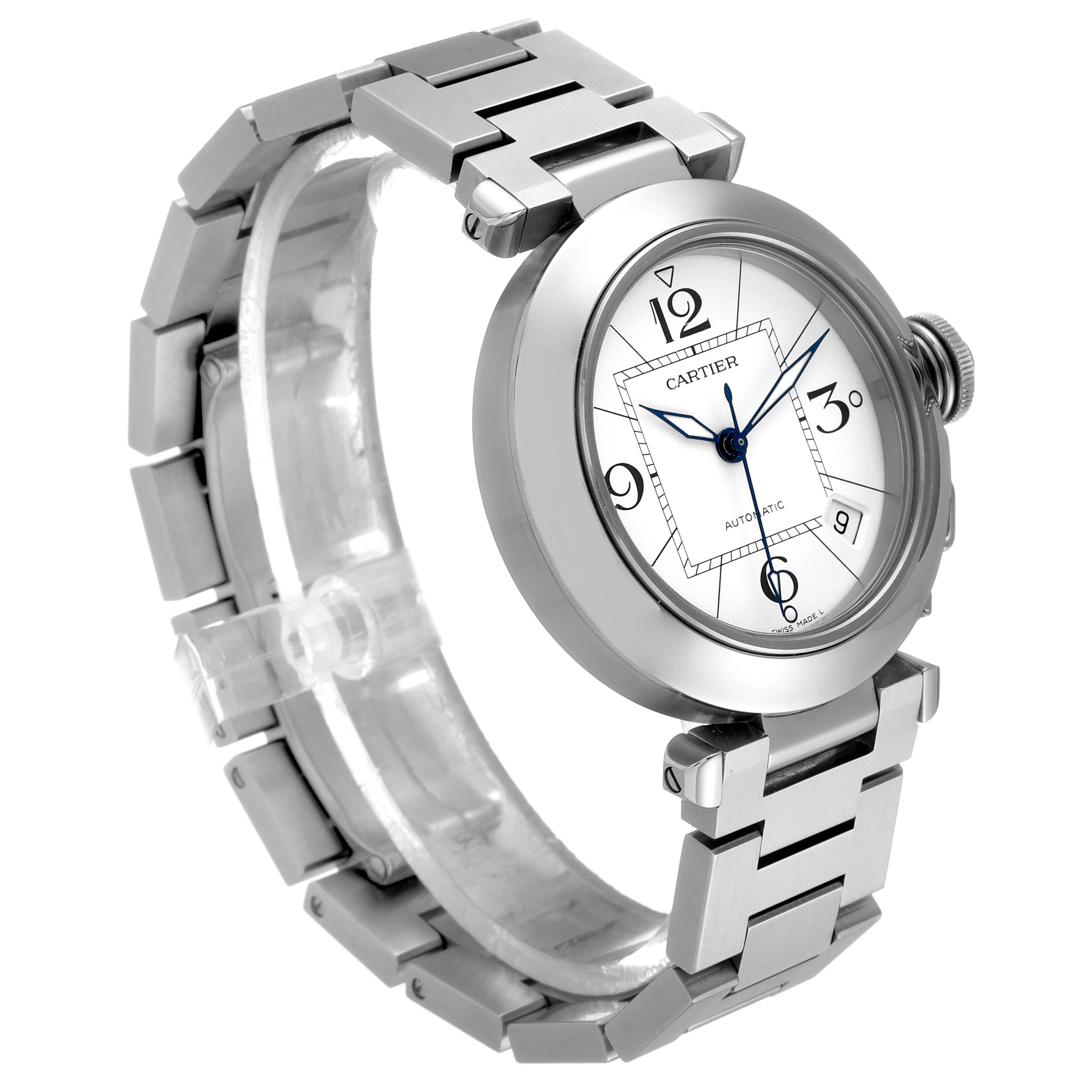 The image shows a Cartier Pasha W31074M7 Men's Stainless Steel White Dial W31074M7 Men's Stainless Steel White Dial watch angled to display its face, crown, and metal bracelet.