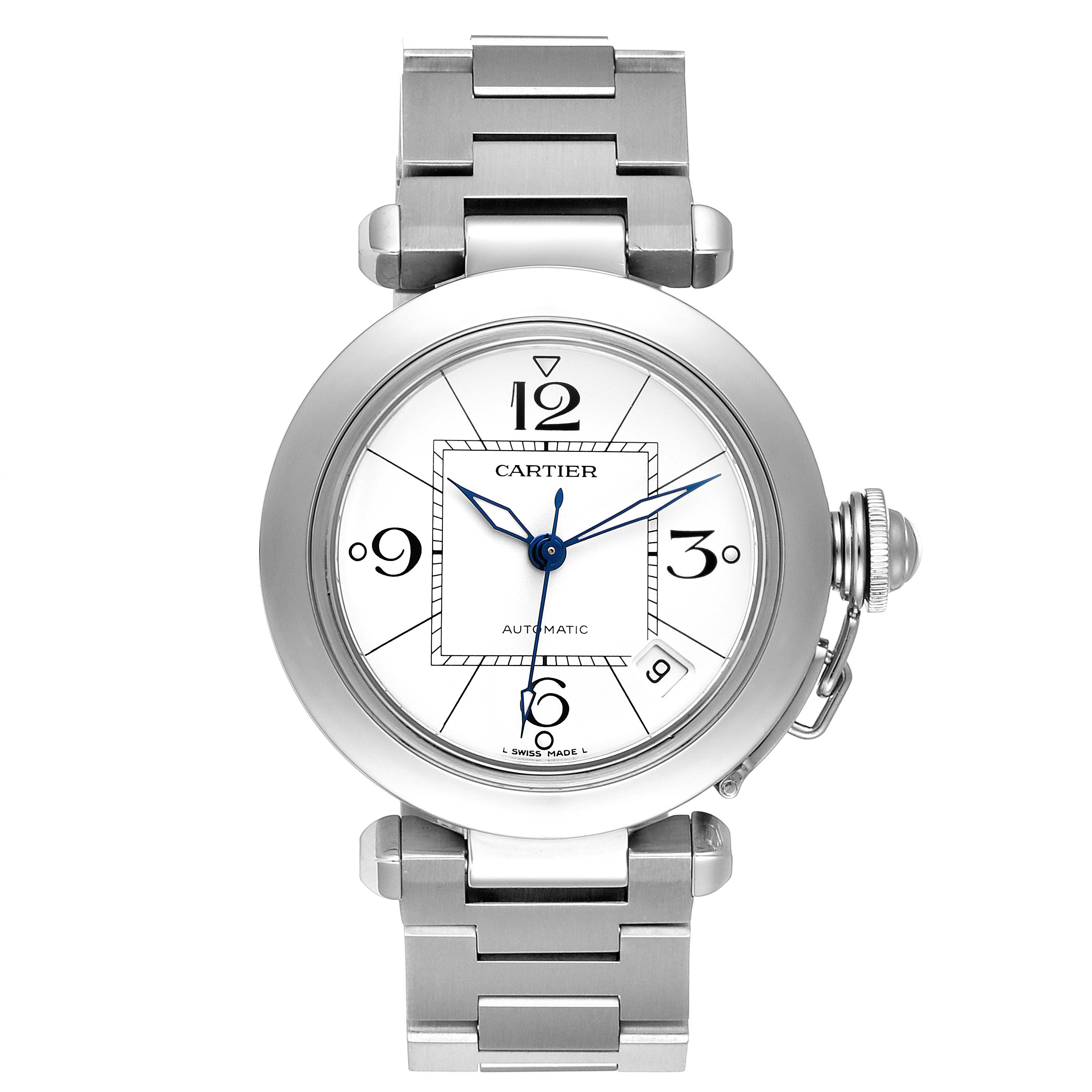 The image shows a front view of the Cartier Pasha W31074M7 Men's Stainless Steel White Dial W31074M7 Men's Stainless Steel White Dial watch, highlighting the watch face, stainless steel bracelet, and crown.