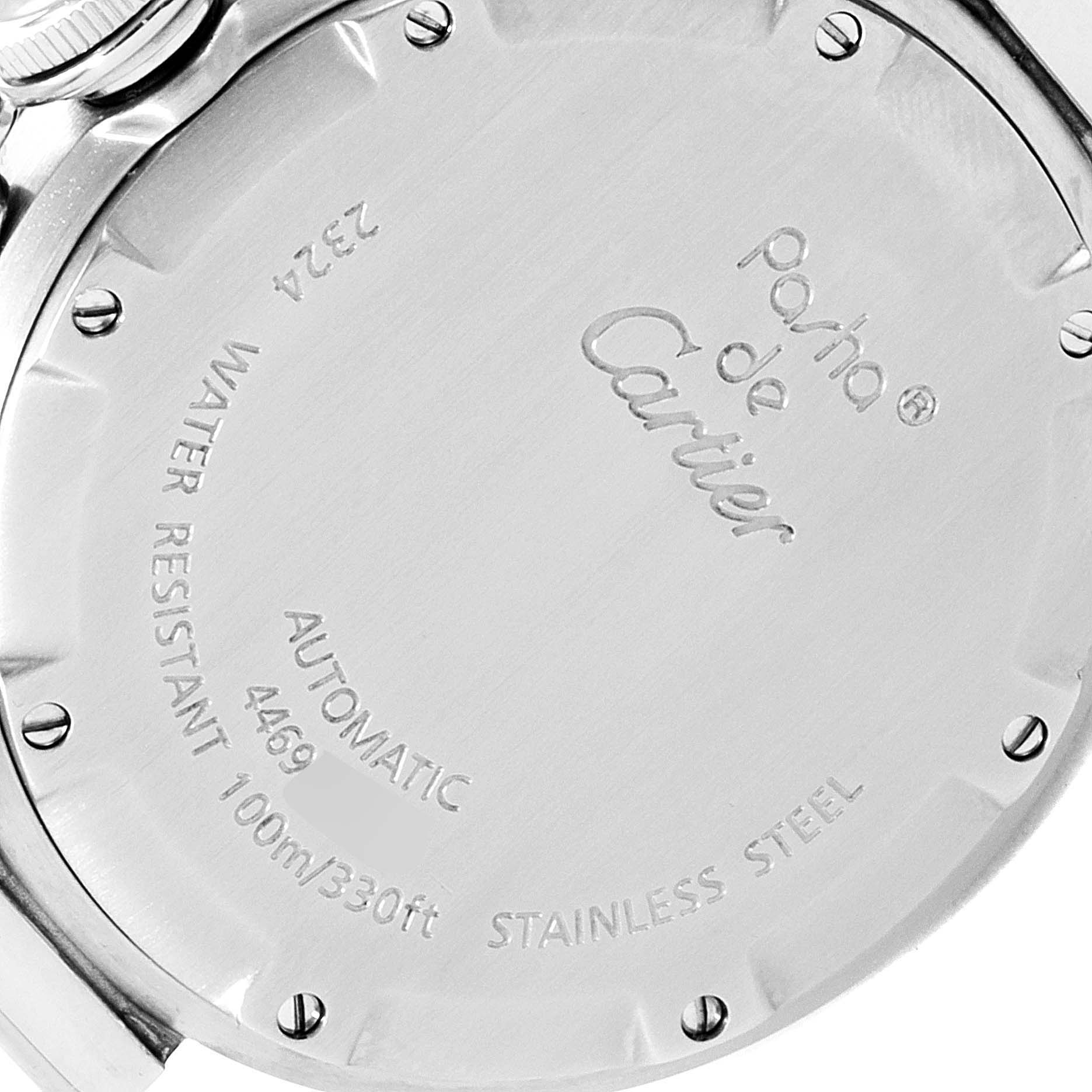 This image shows the back case of a Cartier Pasha W31074M7 Men's Stainless Steel White Dial W31074M7 Men's Stainless Steel White Dial watch displaying engravings and specifications.