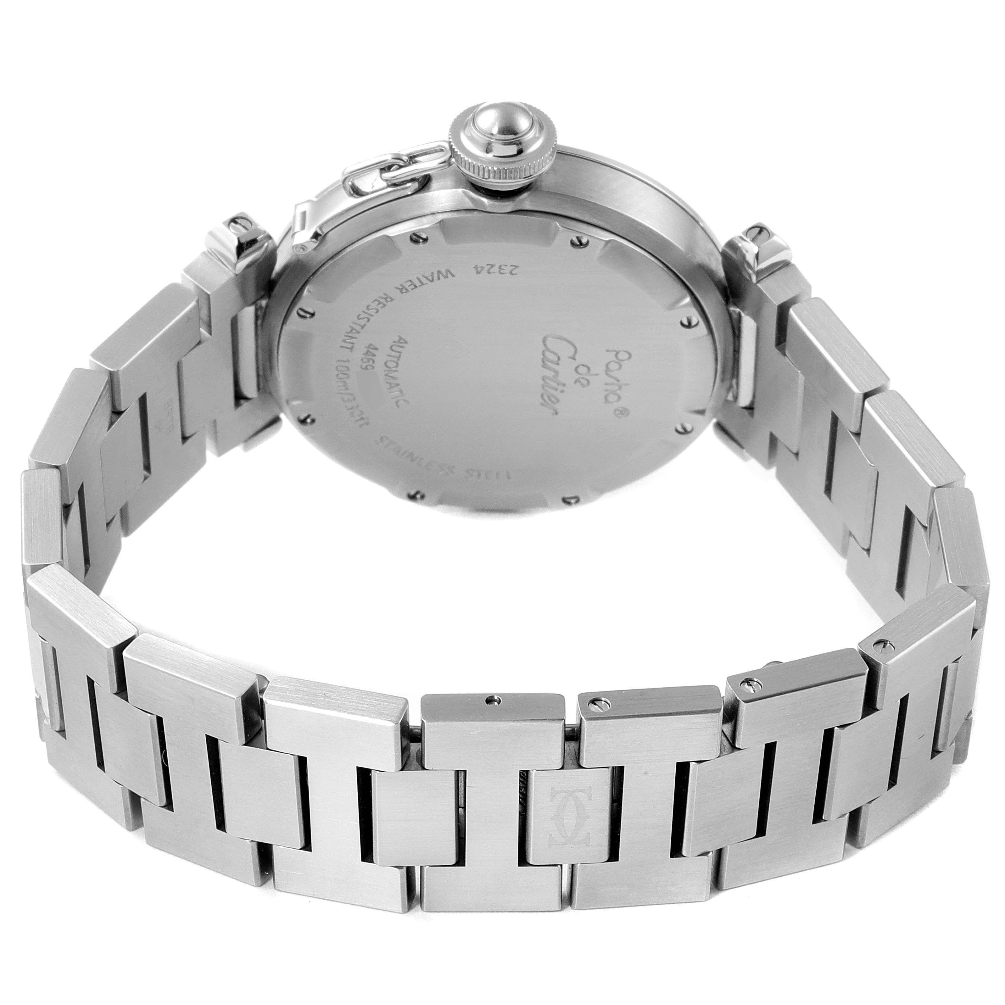 The image shows the back view of a Cartier Pasha W31074M7 Men's Stainless Steel White Dial W31074M7 Men's Stainless Steel White Dial watch, highlighting the case back and stainless steel bracelet.