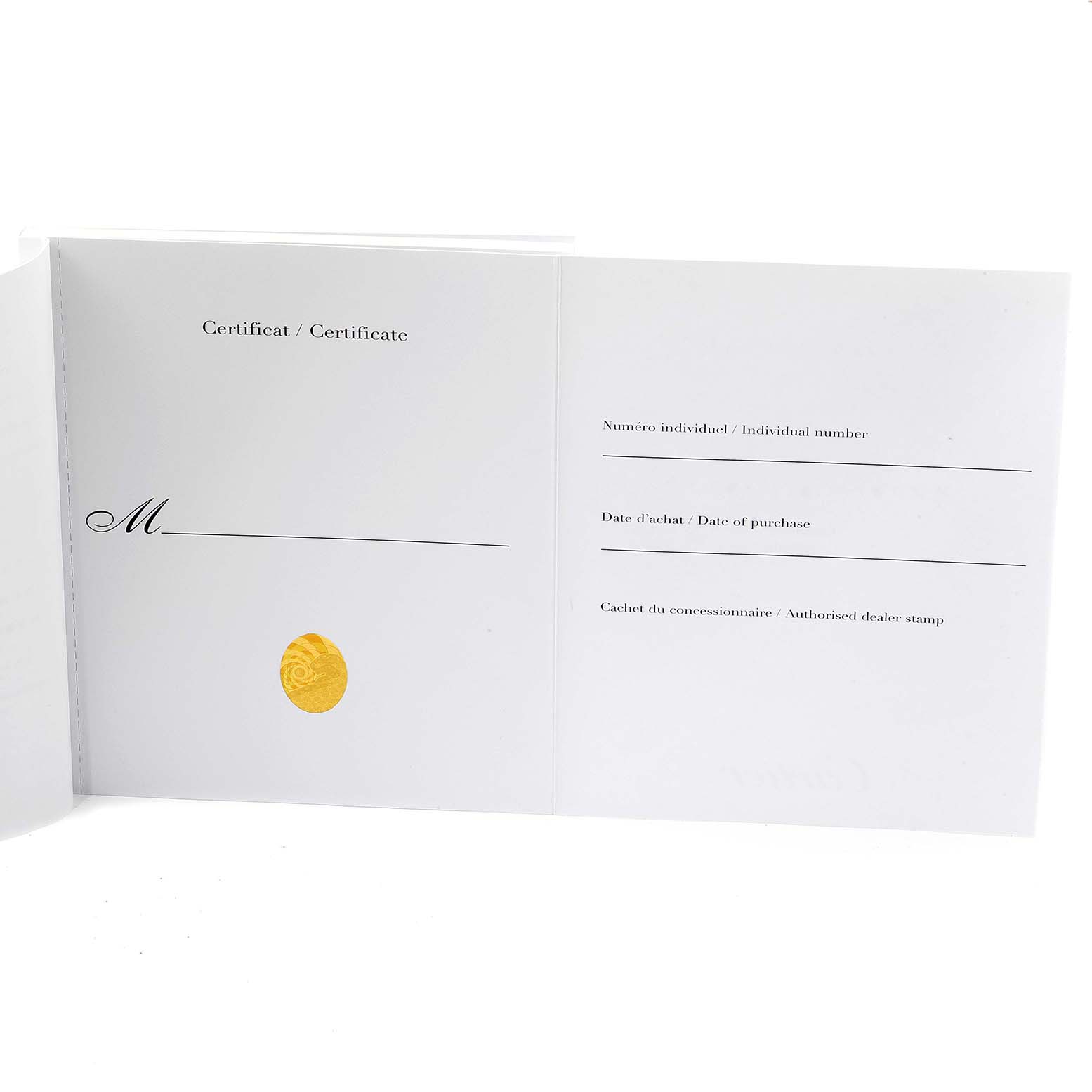 This image shows an open certificate booklet from a Cartier Pasha W31074M7 Men's Stainless Steel White Dial W31074M7 Men's Stainless Steel White Dial model watch.