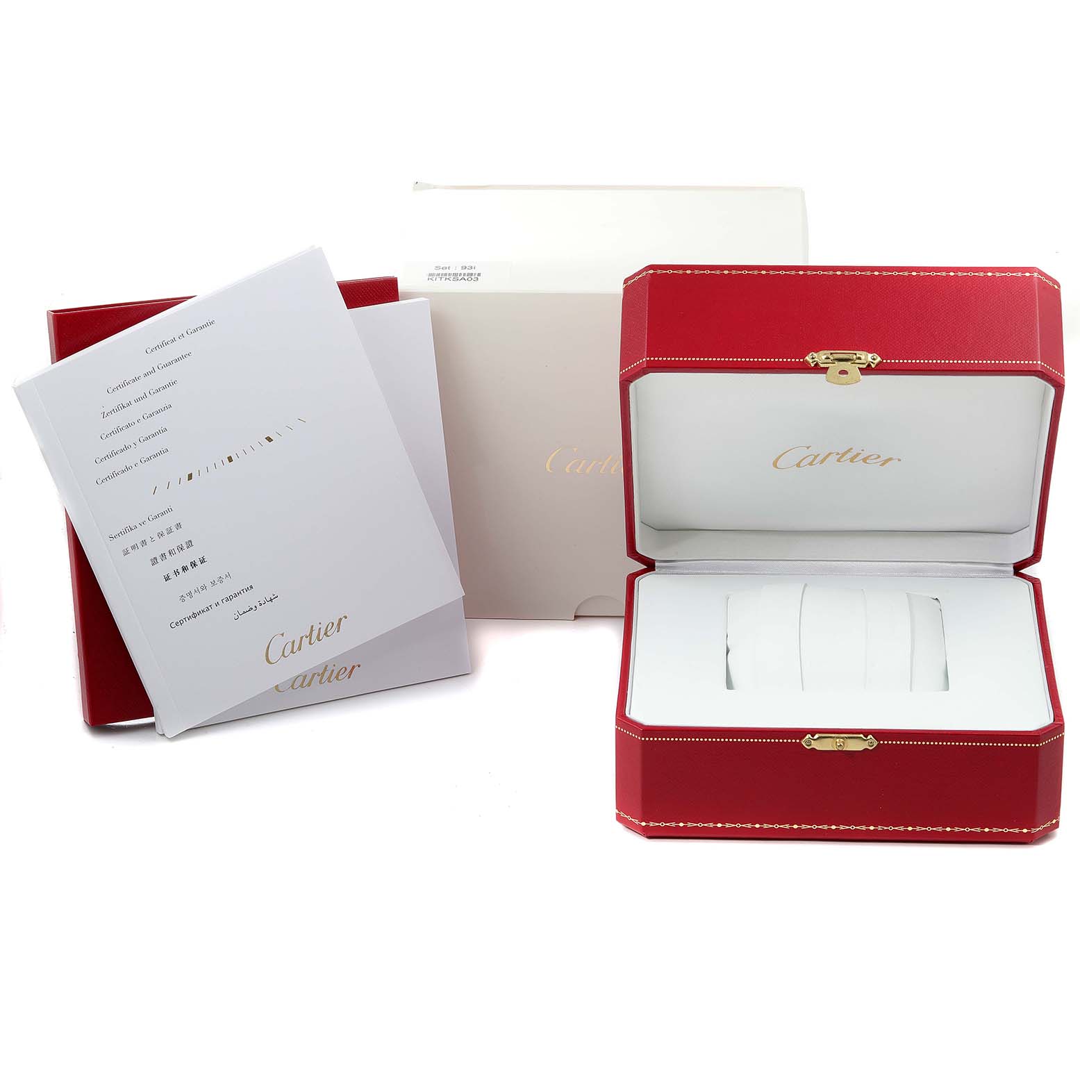 The image shows the Cartier Pasha W31074M7 Men's Stainless Steel White Dial W31074M7 Men's Stainless Steel White Dial watch box, warranty card, and packaging from a front angle.