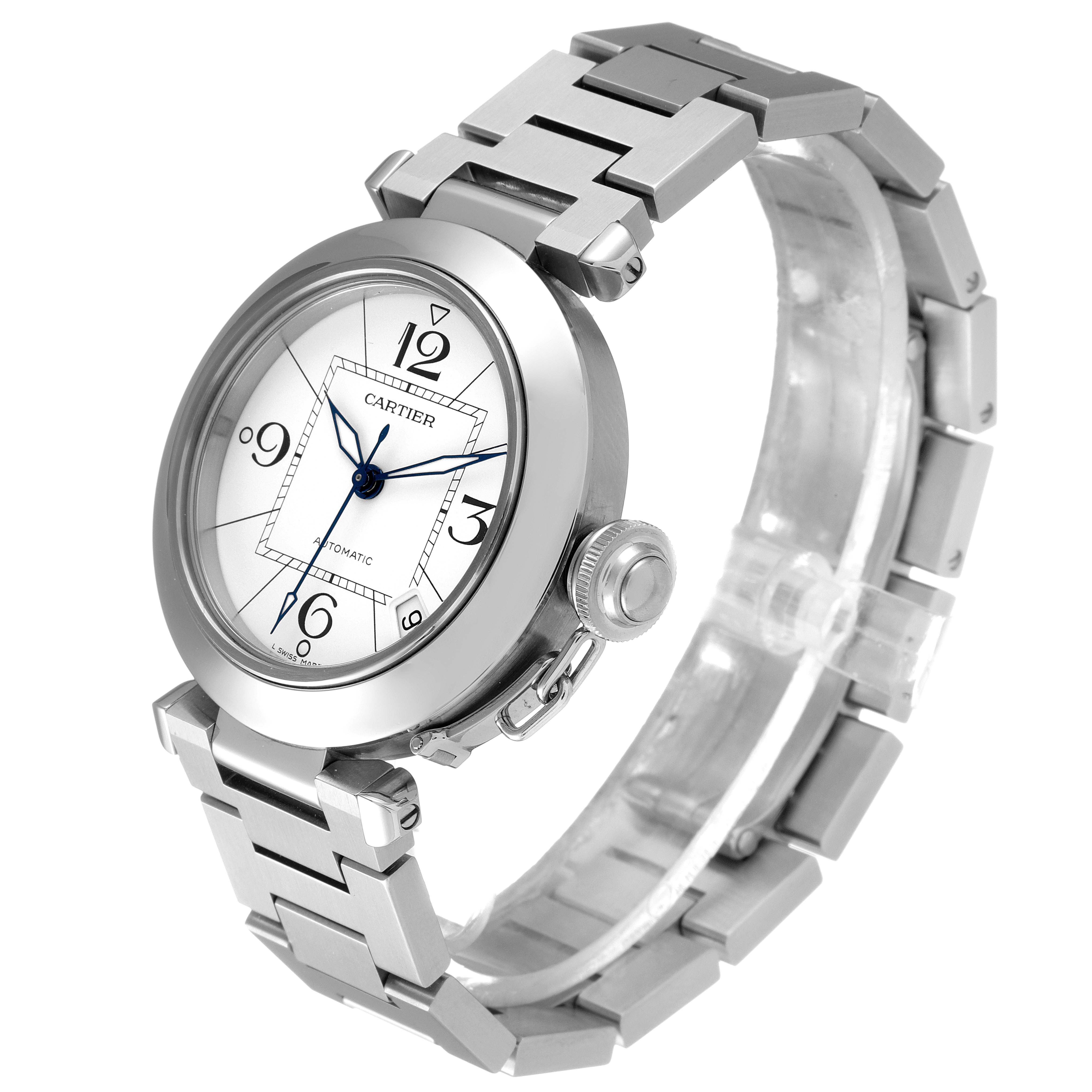 The image shows a Cartier Pasha W31074M7 Men's Stainless Steel White Dial W31074M7 Men's Stainless Steel White Dial watch from an angled side view, highlighting the dial, bezel, crown, and metal bracelet.