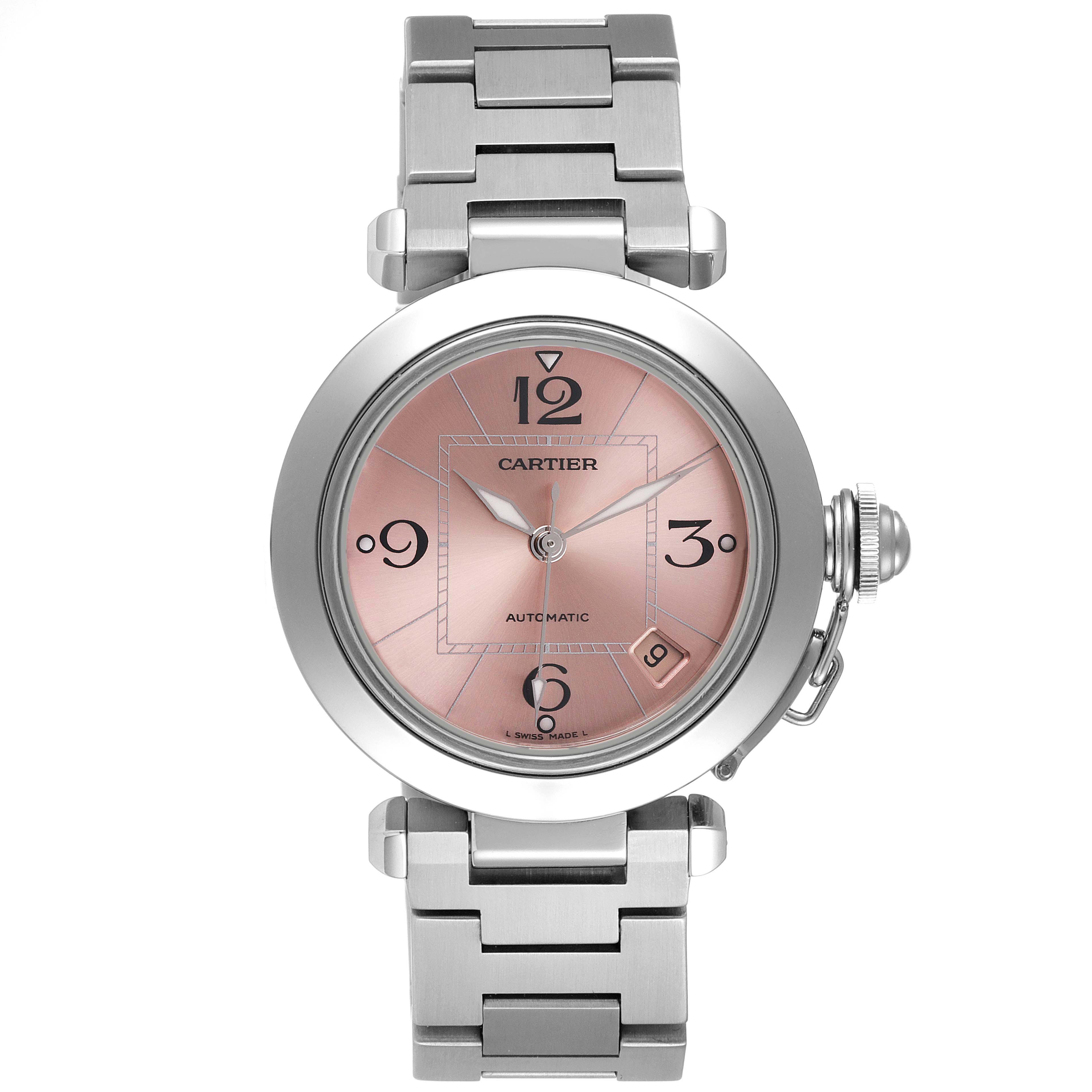 The image shows a front view of the Cartier Pasha W31075M7 Women's Stainless Steel Pink Dial W31075M7 Women's Stainless Steel Pink Dial model watch with a metal bracelet and pink dial.