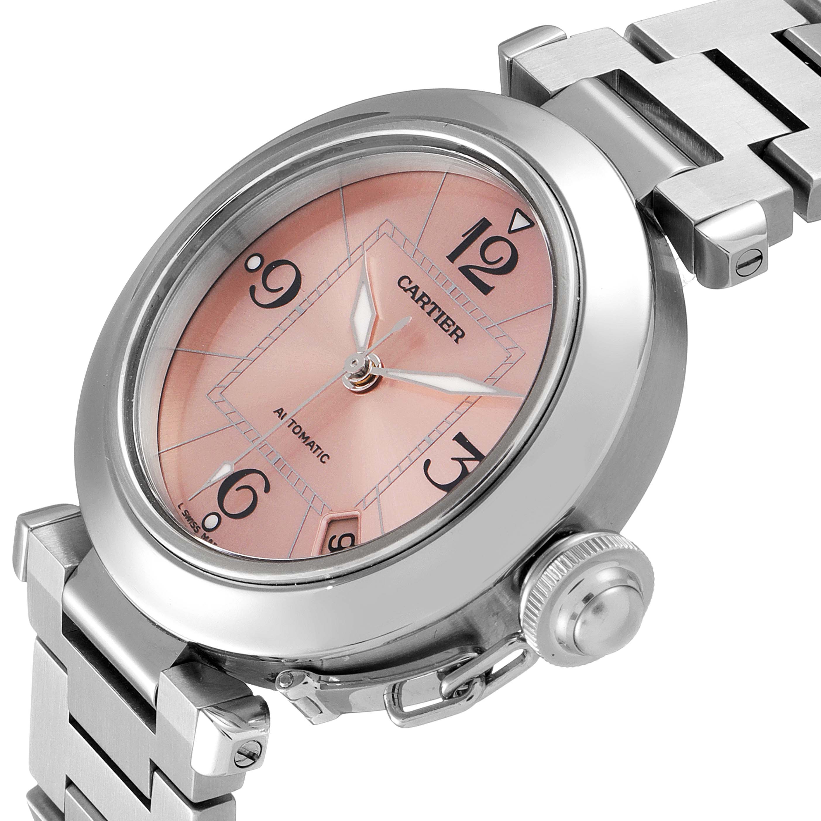 The Cartier Pasha W31075M7 Women's Stainless Steel Pink Dial W31075M7 Women's Stainless Steel Pink Dial watch is shown at a slight angle, highlighting its face, bezel, crown, and part of the bracelet.