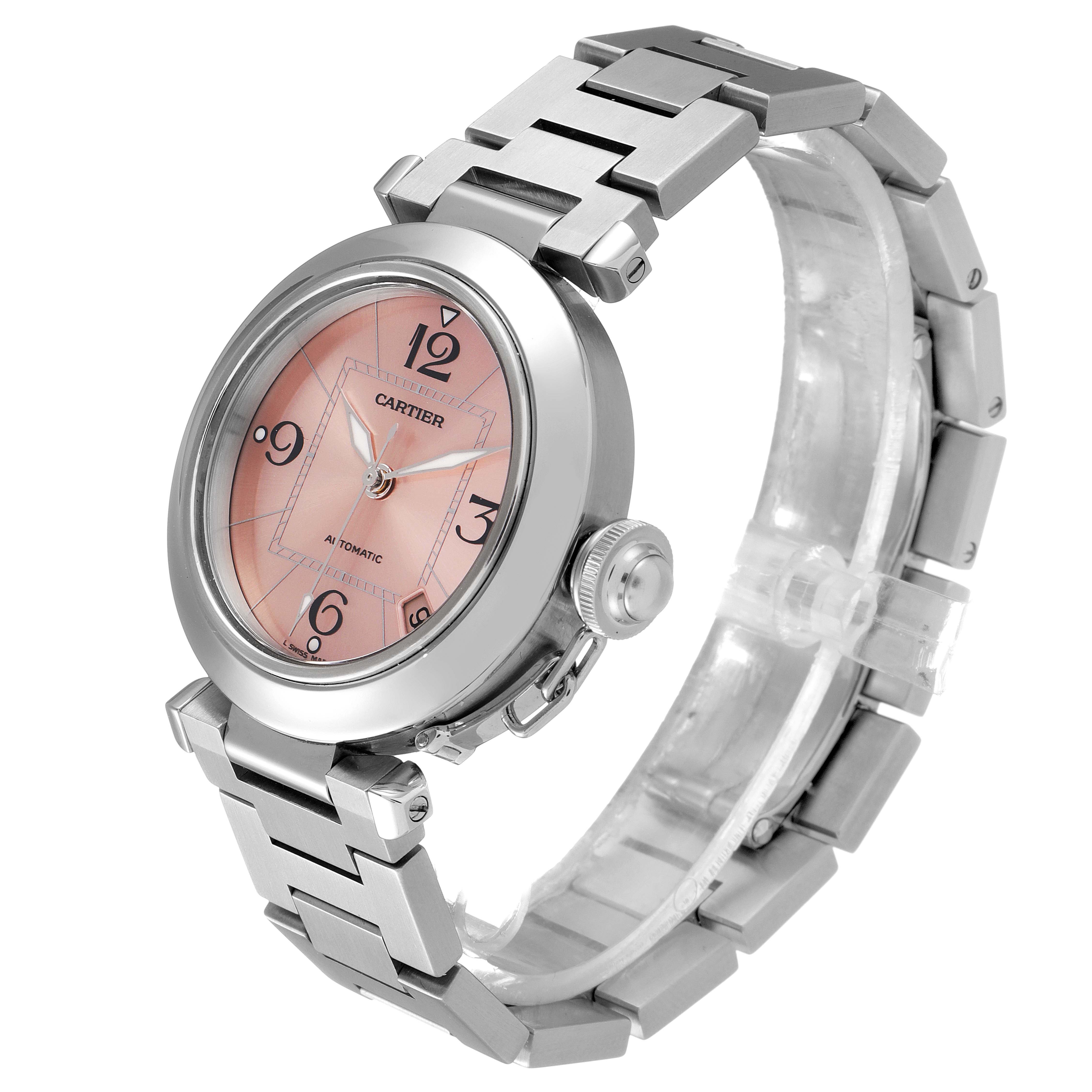 This image shows a Cartier Pasha W31075M7 Women's Stainless Steel Pink Dial W31075M7 Women's Stainless Steel Pink Dial model watch from an angled front view, highlighting the dial, bracelet, and crown.