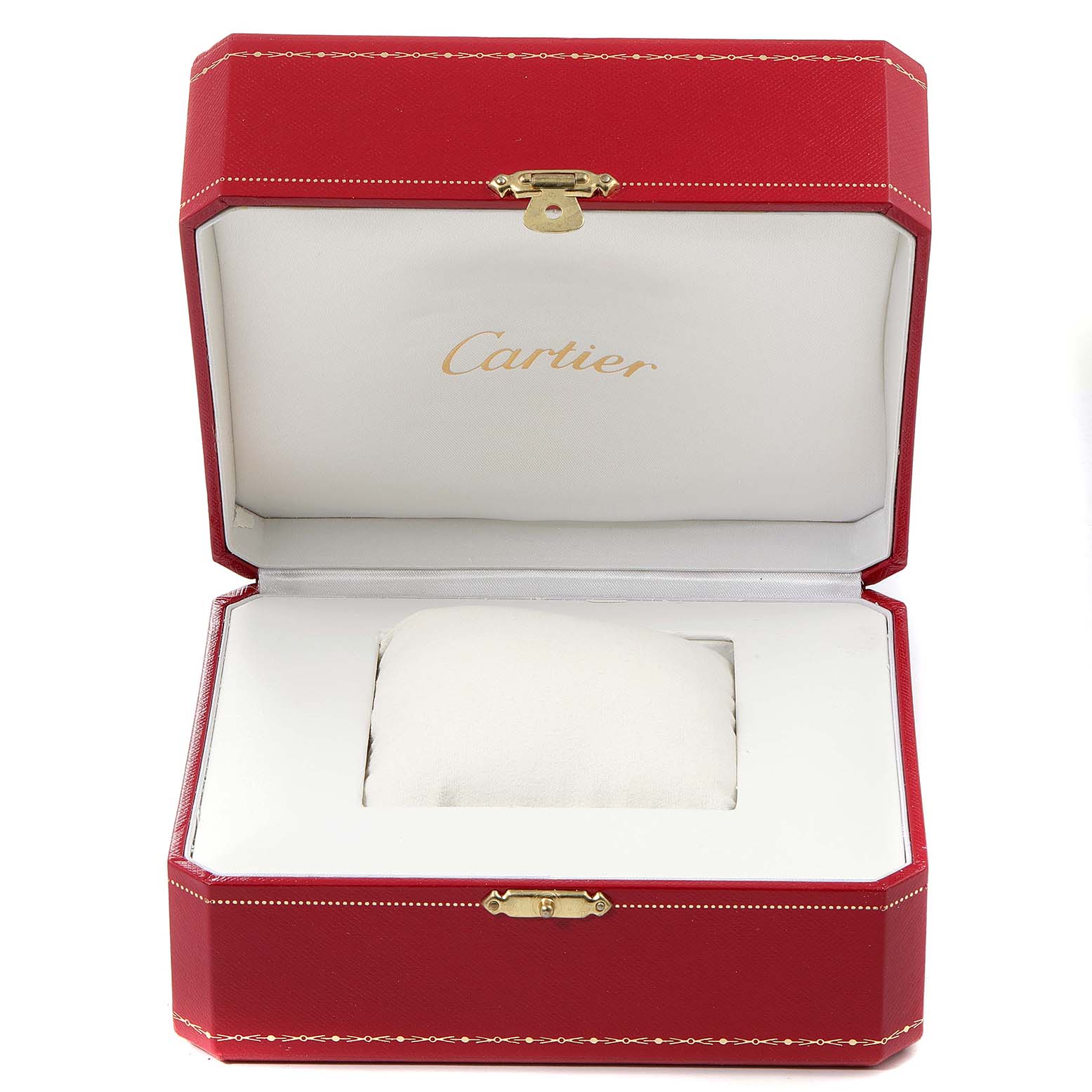 The image shows an open red Cartier box for a Pasha model watch, with a white pillow but no watch inside.