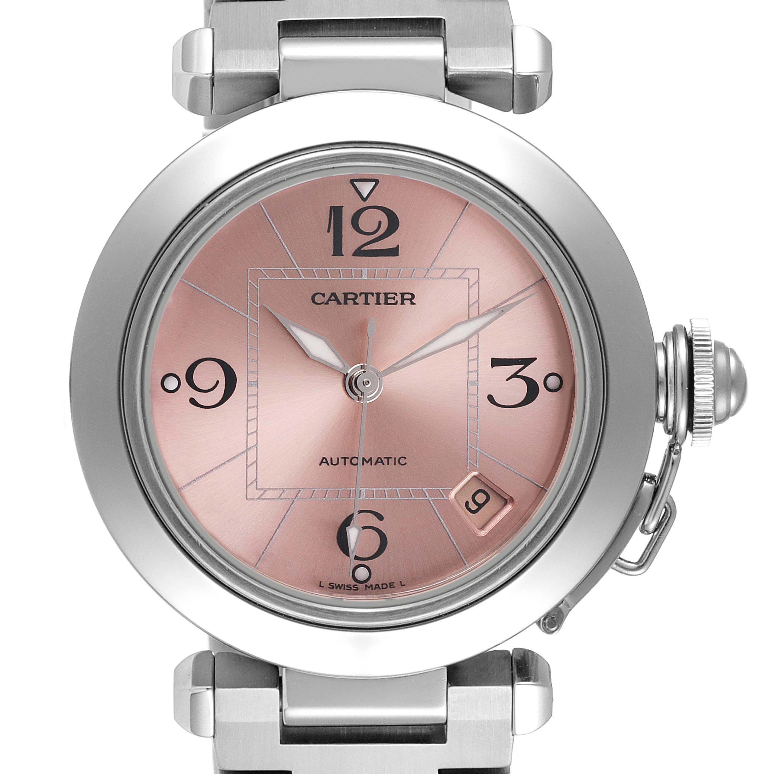 This image shows a front view of the Cartier Pasha W31075M7 Women's Stainless Steel Pink Dial W31075M7 Women's Stainless Steel Pink Dial watch, highlighting its round dial, crown, and part of the metal bracelet.