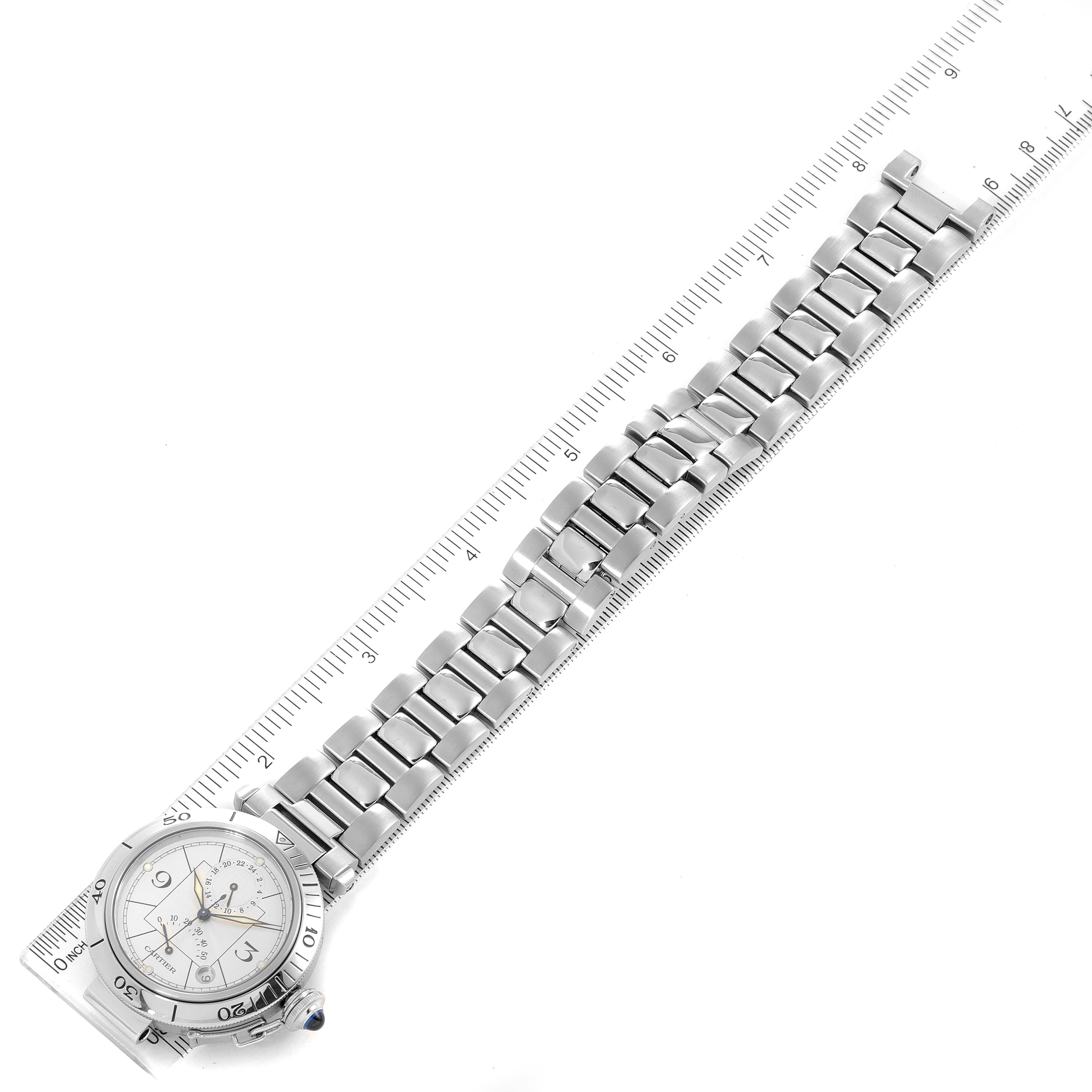 The Cartier Pasha W31037H3 Men
s Stainless Steel Silver Dial W31037H3 Men
s Stainless Steel Silver Dial watch is shown at a top-down angle, featuring the face, bezel, crown, and full bracelet.