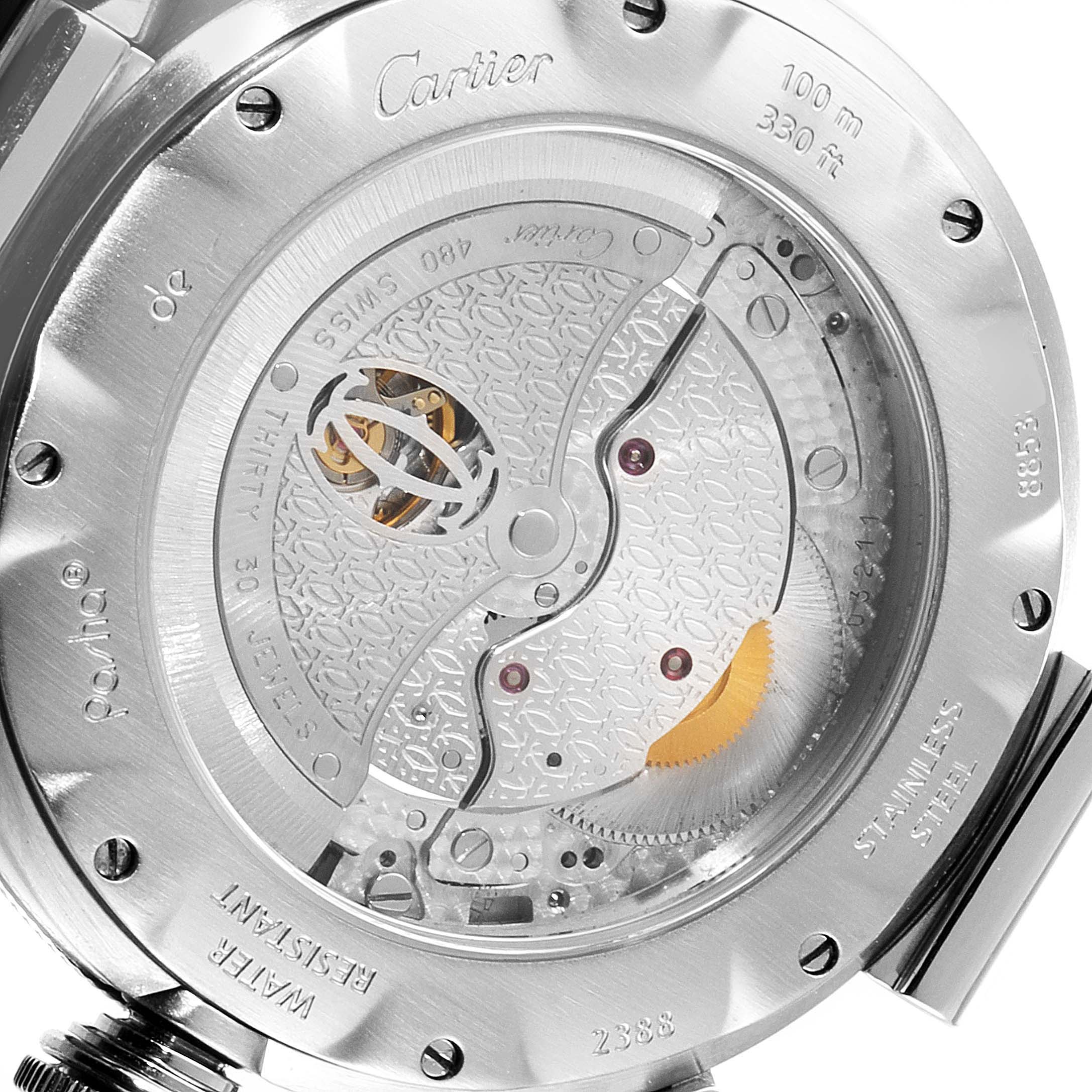This image shows the back casing and intricate inner workings of a Pasha model watch by Cartier.