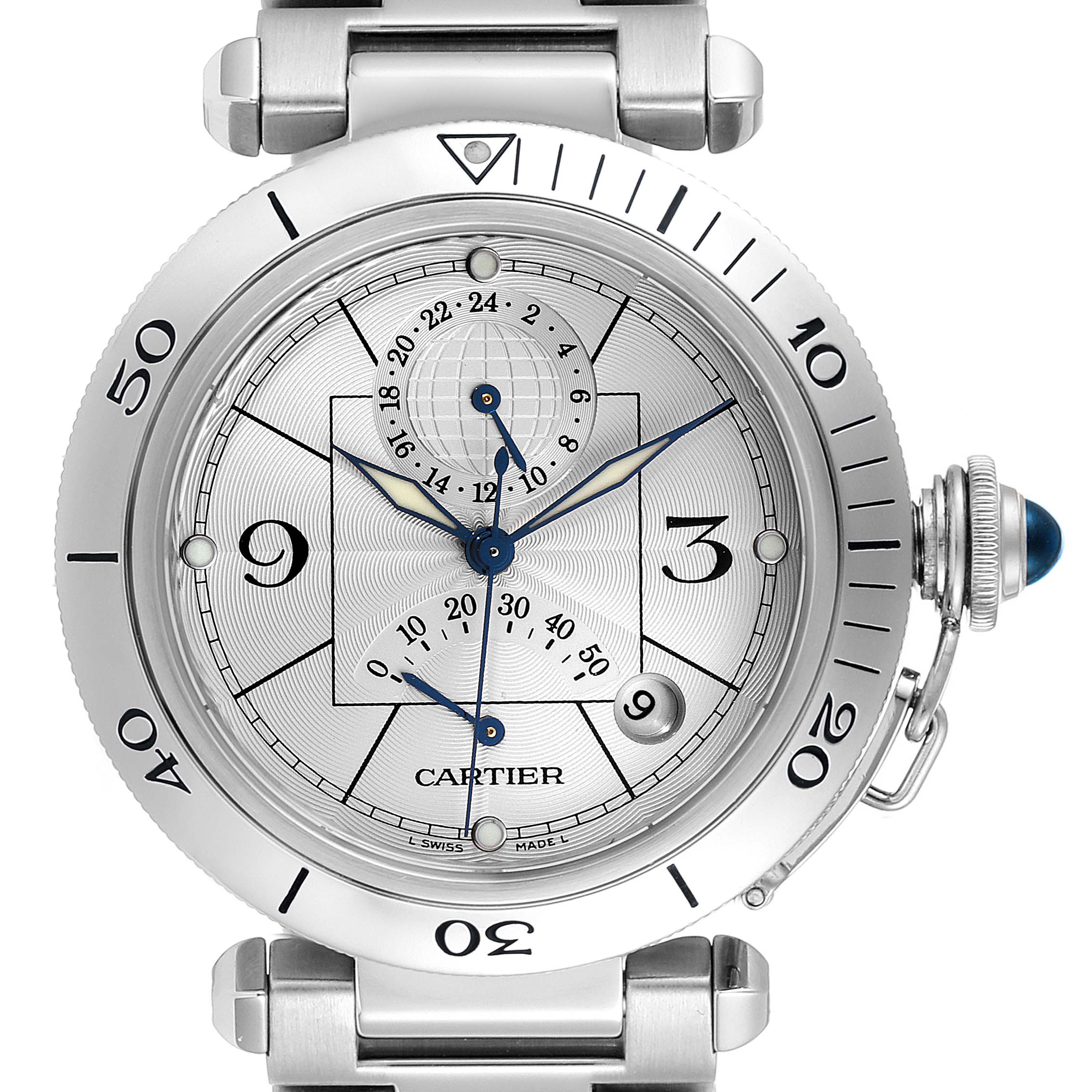 This image shows a frontal view of the Cartier Pasha W31037H3 Men
s Stainless Steel Silver Dial W31037H3 Men
s Stainless Steel Silver Dial watch, highlighting its dial, hour markers, and bezel.