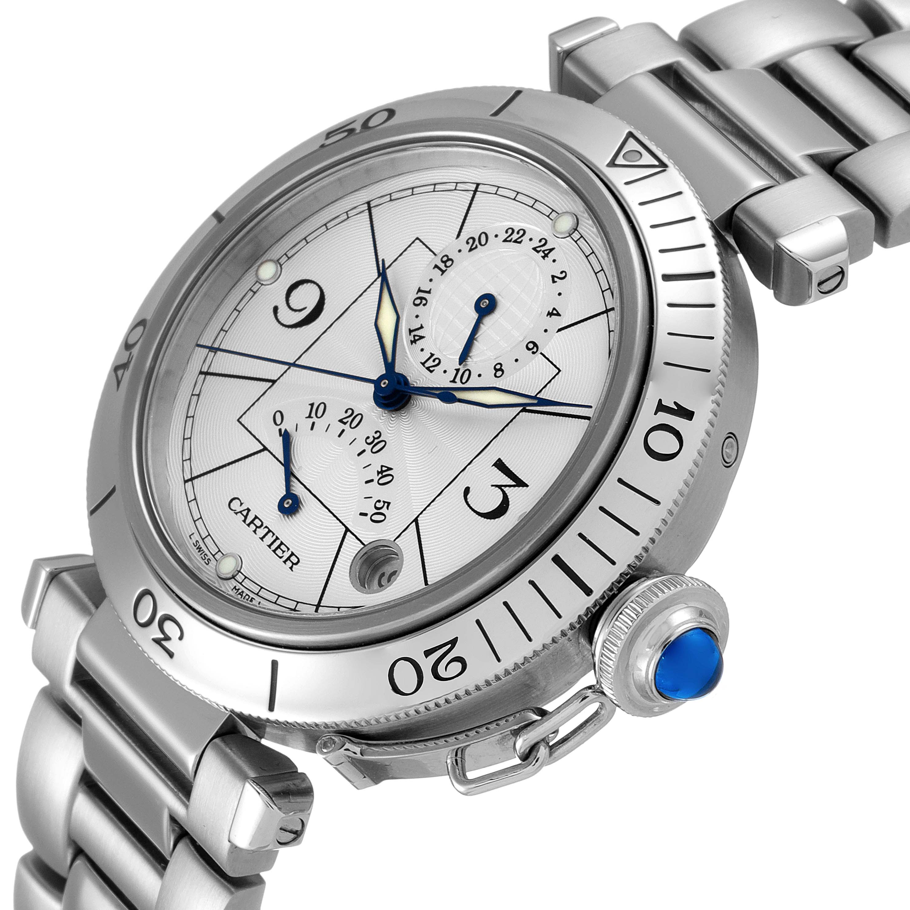 The image shows a Cartier Pasha W31037H3 Men
s Stainless Steel Silver Dial W31037H3 Men
s Stainless Steel Silver Dial watch at an angle highlighting its face, bezel, crown, and bracelet.