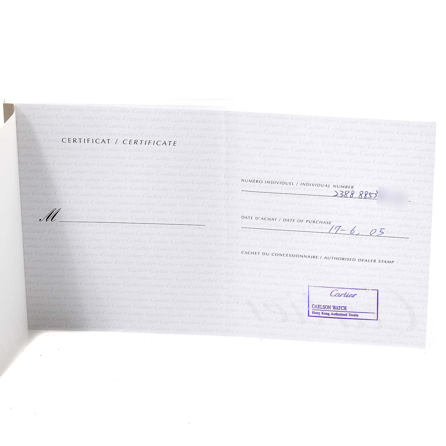 The image shows the Cartier certificate for a Pasha model watch, displaying individual number, purchase date, and dealer stamp.