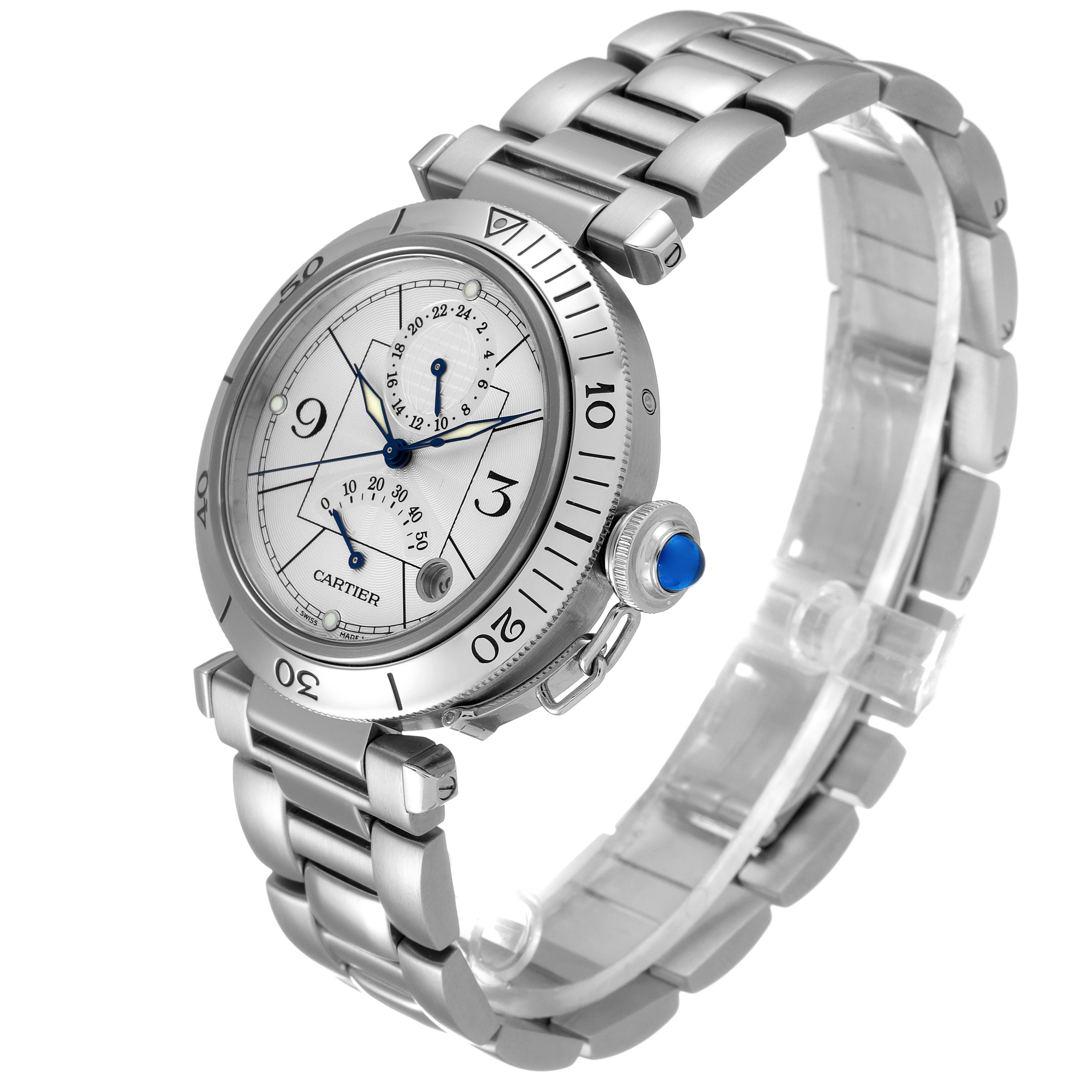 The Cartier Pasha W31037H3 Men
s Stainless Steel Silver Dial W31037H3 Men
s Stainless Steel Silver Dial watch is shown at a three-quarter angle, displaying the face, bezel, bracelet, and crown.