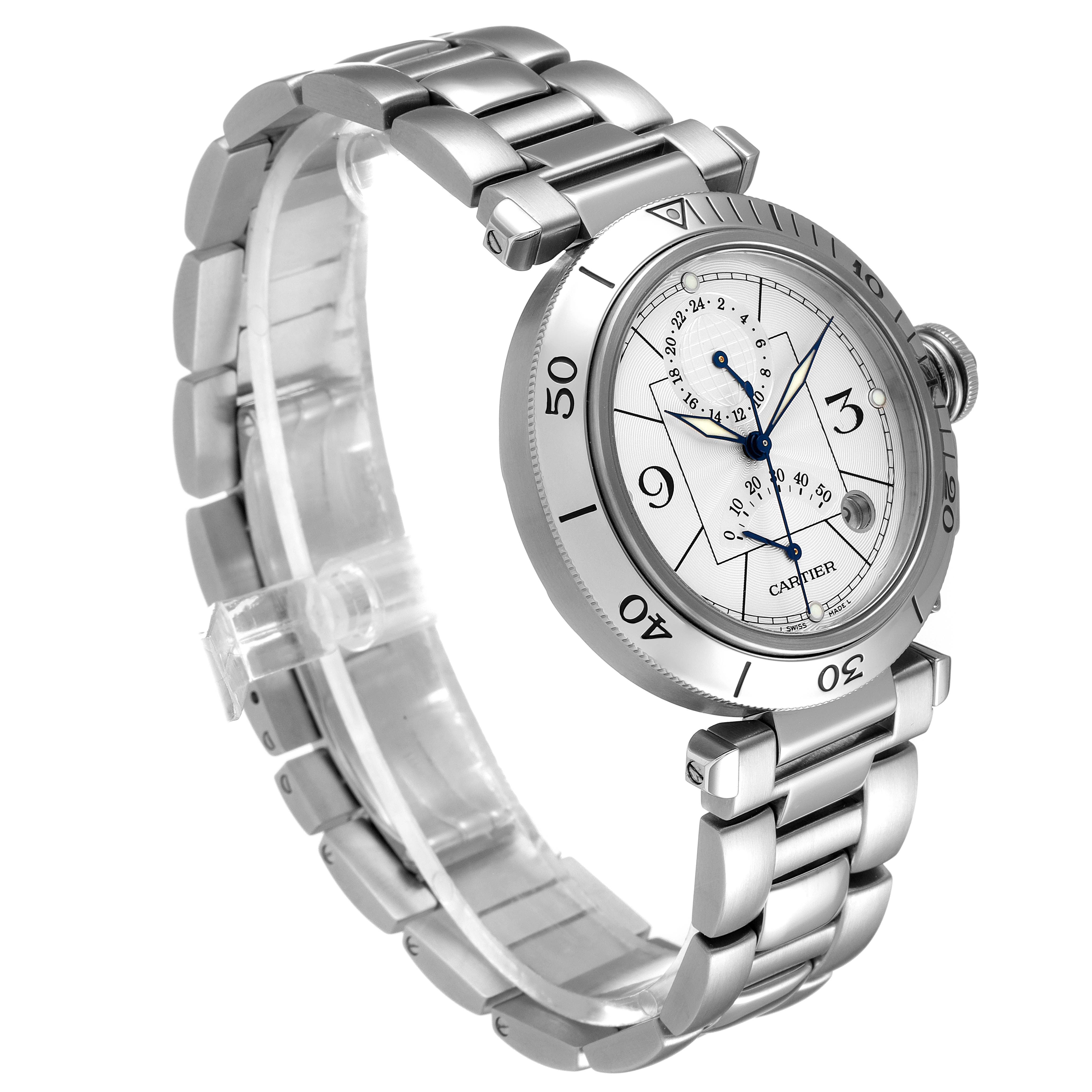 This image shows a Cartier Pasha W31037H3 Men
s Stainless Steel Silver Dial W31037H3 Men
s Stainless Steel Silver Dial watch from a left-side angle, displaying its dial, bezel, and metal bracelet.