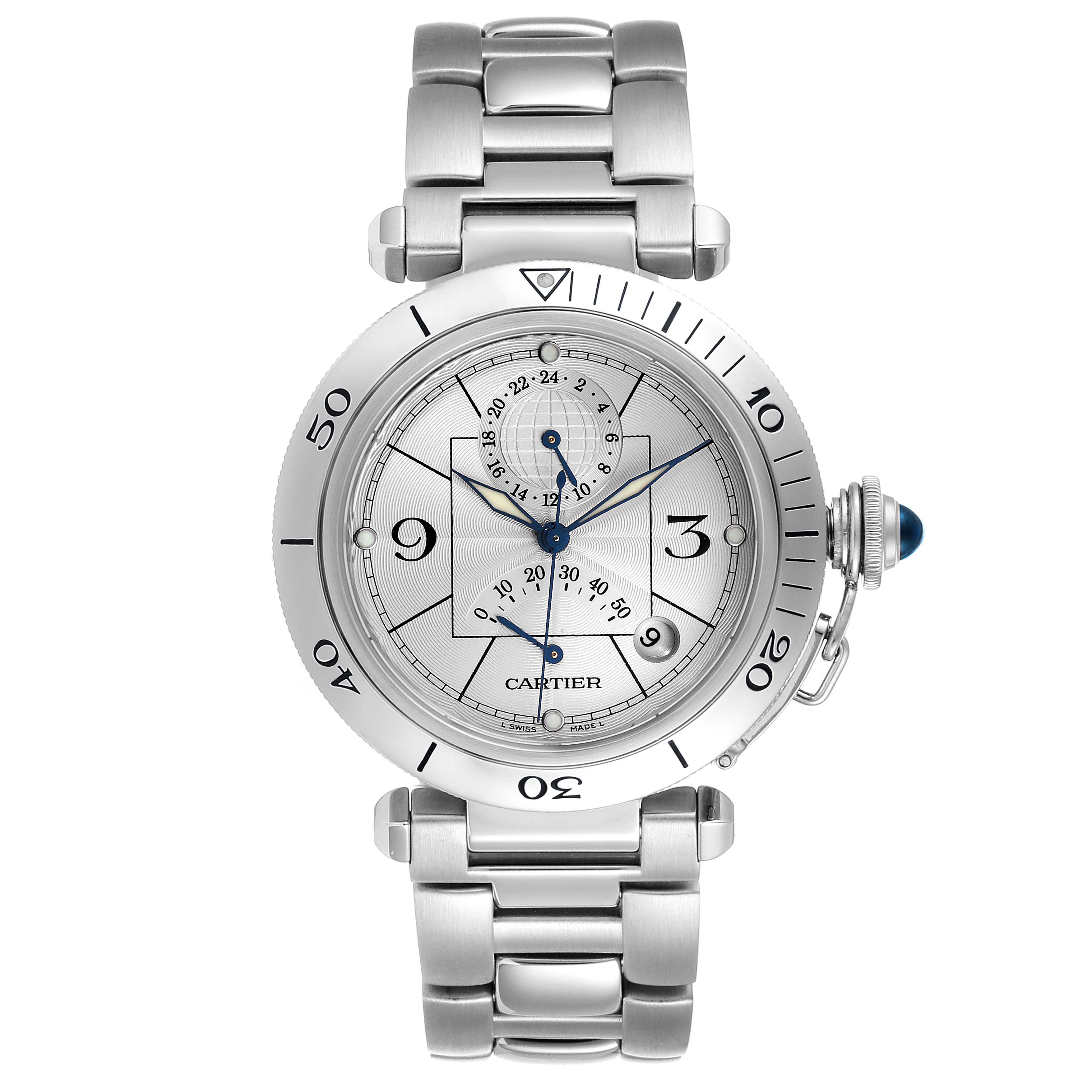 The image shows a frontal view of a Pasha model by Cartier, depicting its dial, bezel, crown, and stainless steel bracelet.