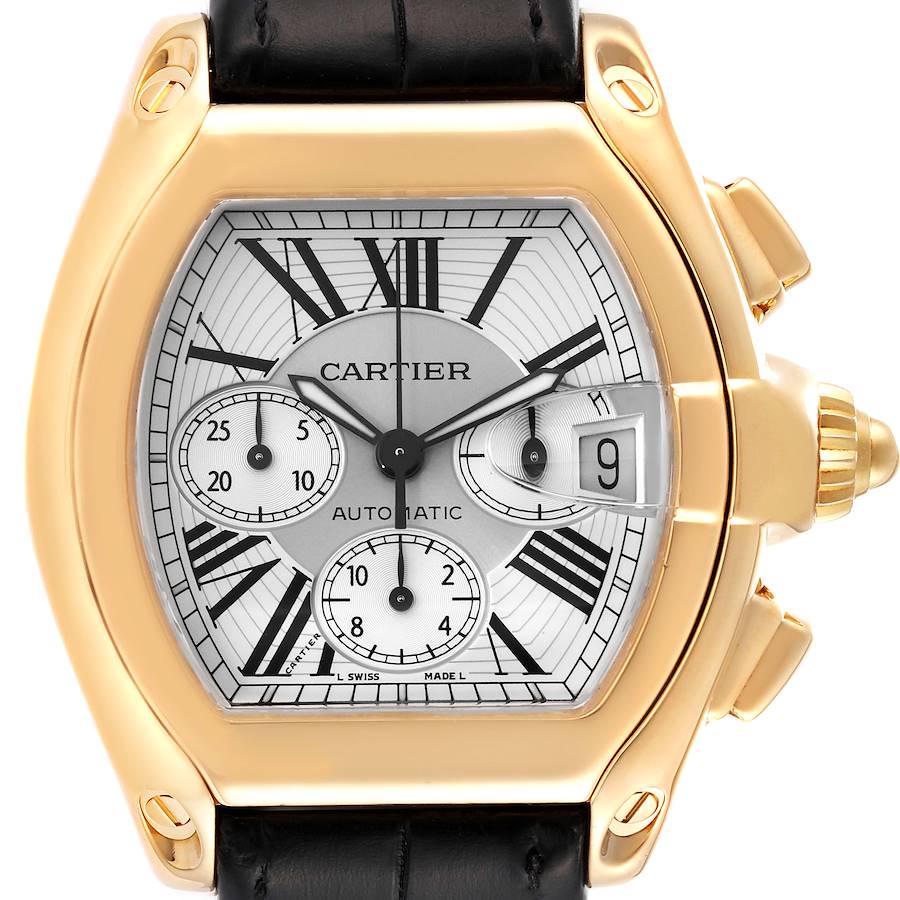 Cartier Roadster Chronograph Yellow Gold Black Strap Mens Watch W62021Y3 ADD BOX SwissWatchExpo