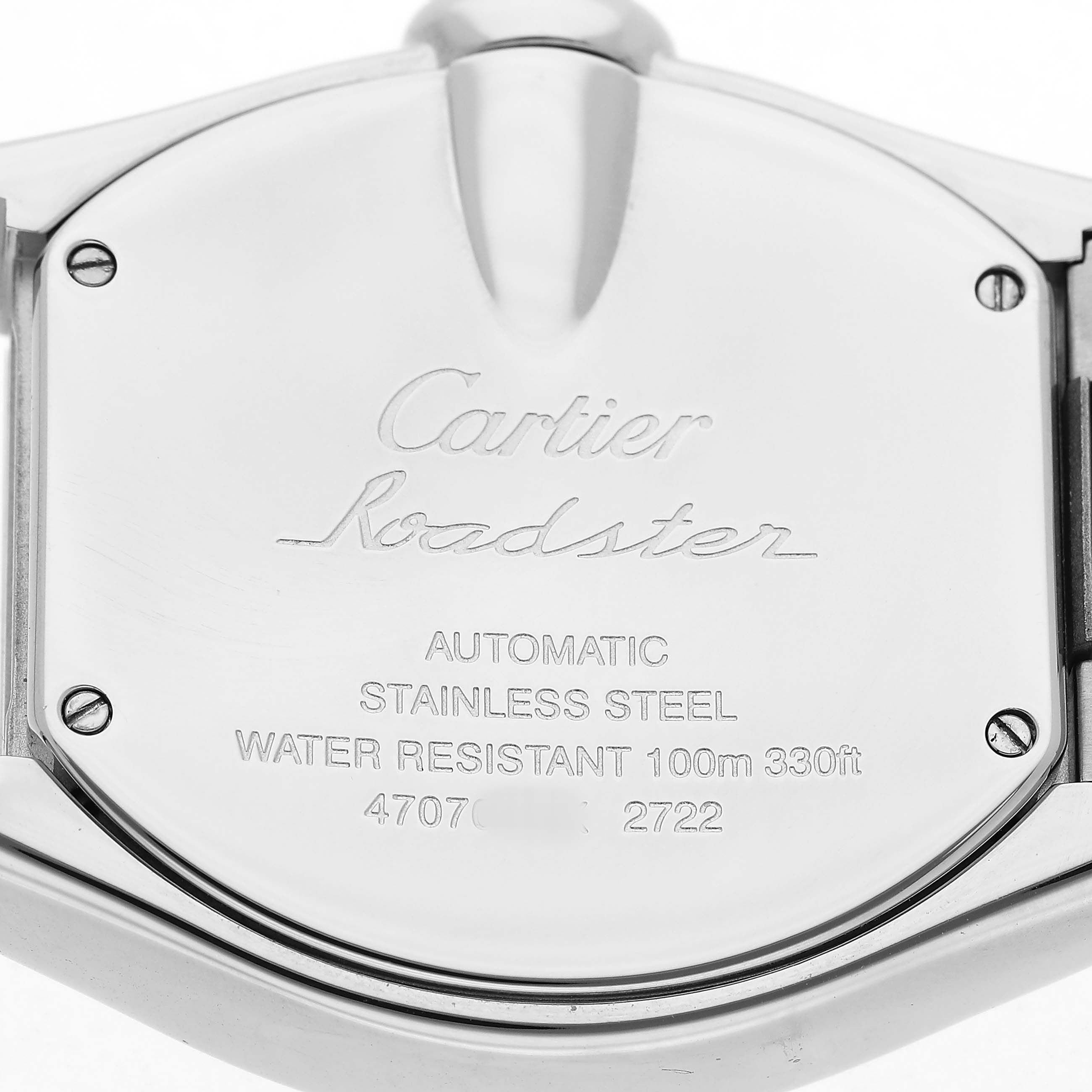 The image shows the back case of the Cartier Roadster W62032X6 Men's Stainless Steel Silver Dial watch, highlighting details like model name and water resistance.