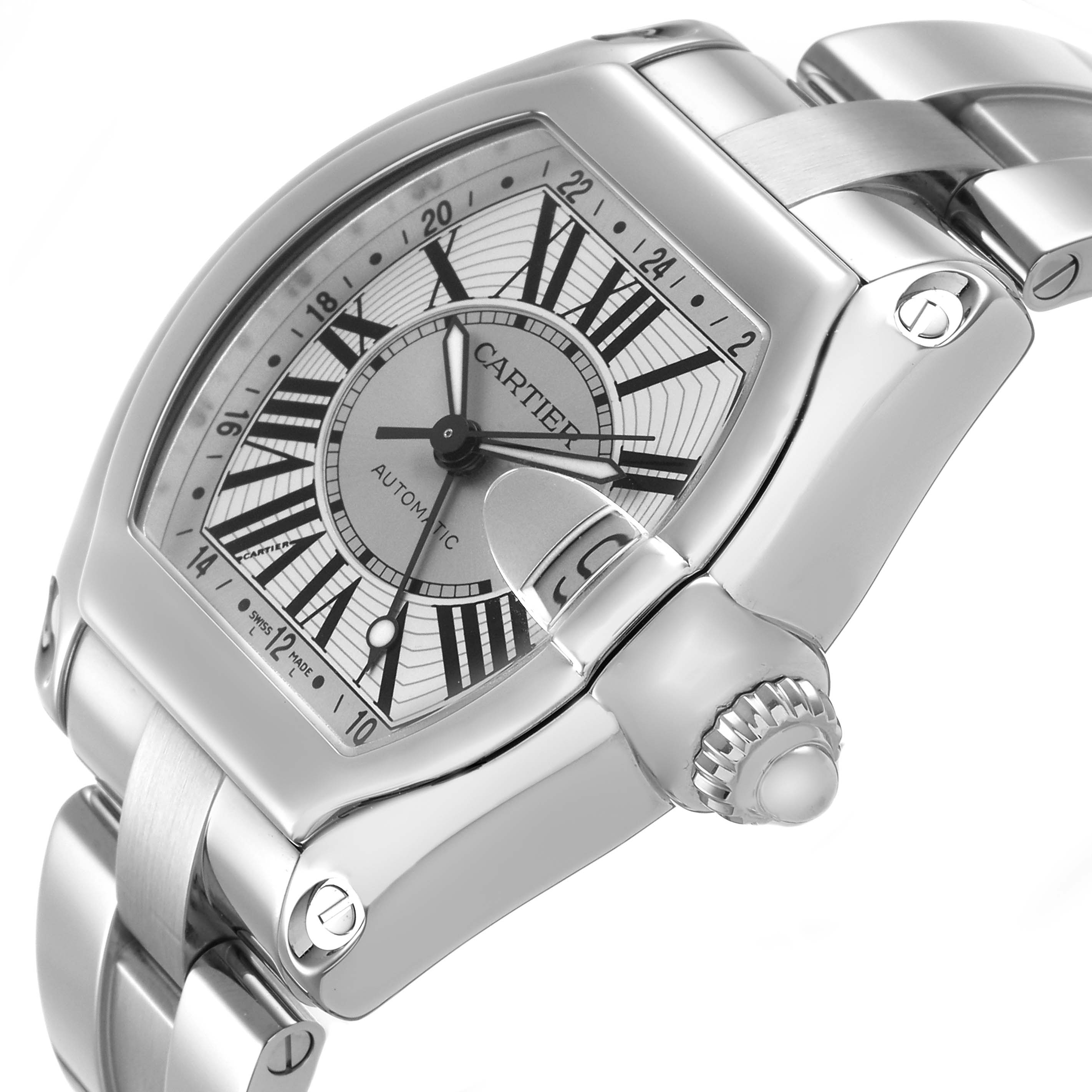 The Cartier Roadster W62032X6 Men's Stainless Steel Silver Dial watch is shown at an angled view, highlighting its dial, case, crown, and part of the bracelet.