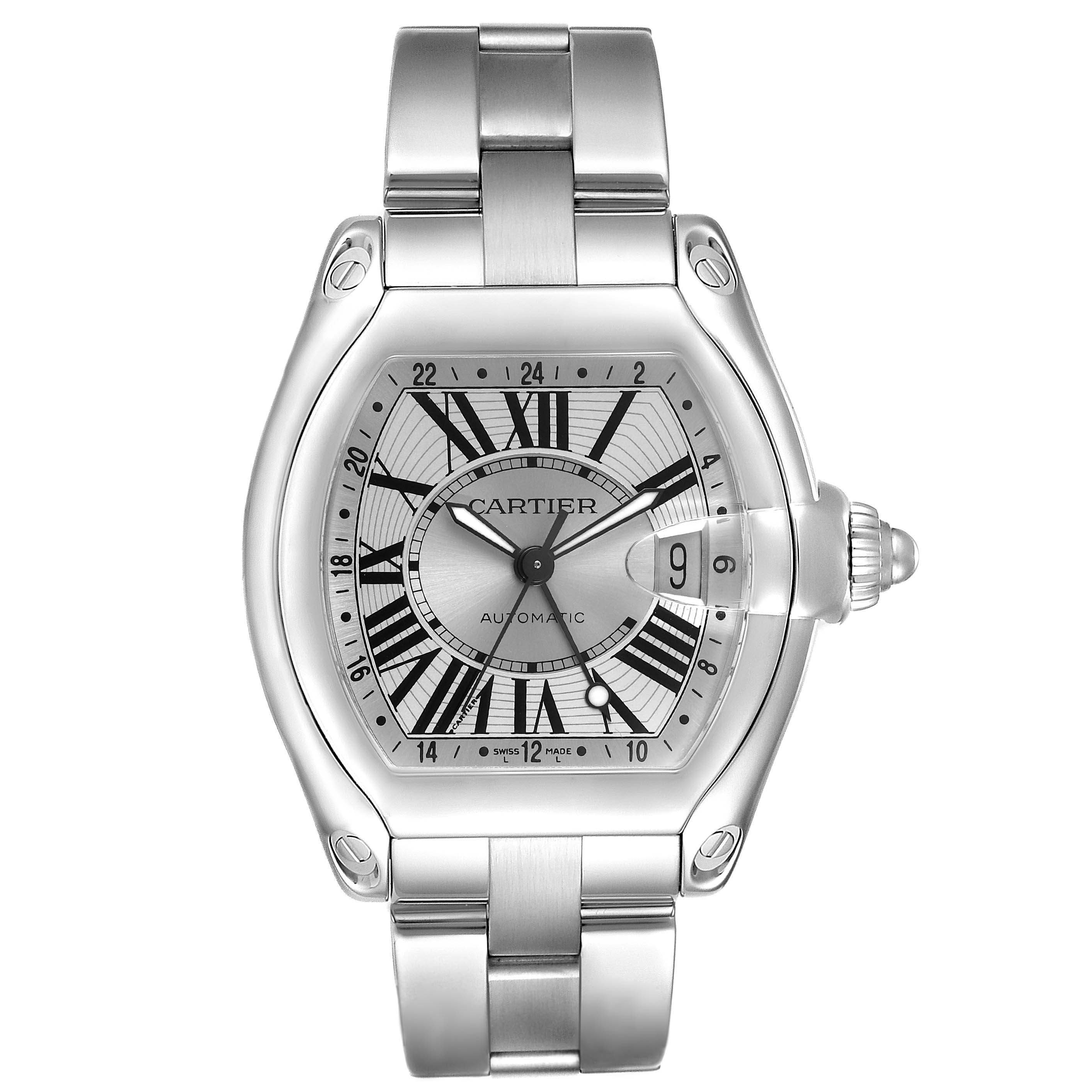 The Cartier Roadster W62032X6 Men's Stainless Steel Silver Dial watch is shown from a top-down angle, highlighting its face, case, crown, and metal bracelet.