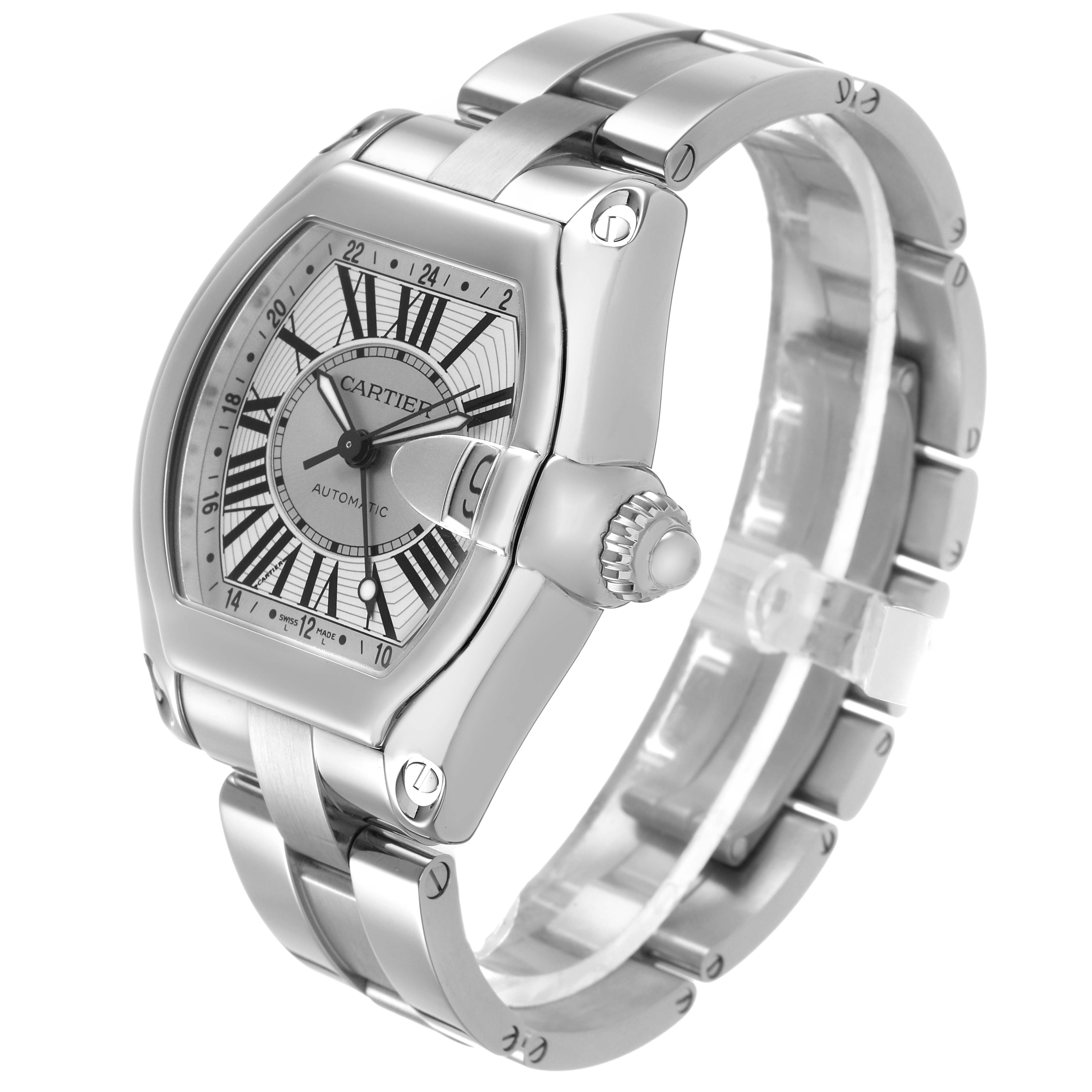 The Cartier Roadster W62032X6 Men's Stainless Steel Silver Dial watch is shown at a three-quarter angle displaying the dial, case, crown, and bracelet.