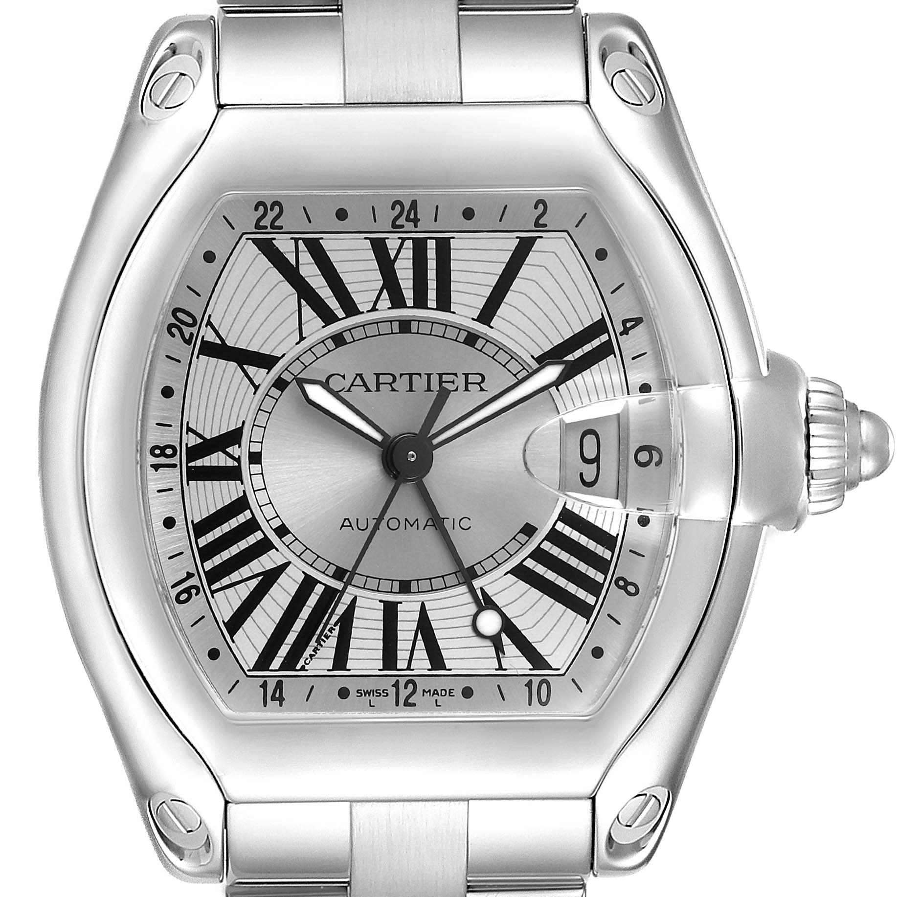 The Cartier Roadster W62032X6 Men's Stainless Steel Silver Dial watch is shown from a front angle, highlighting the dial, case, and signature crown feature.