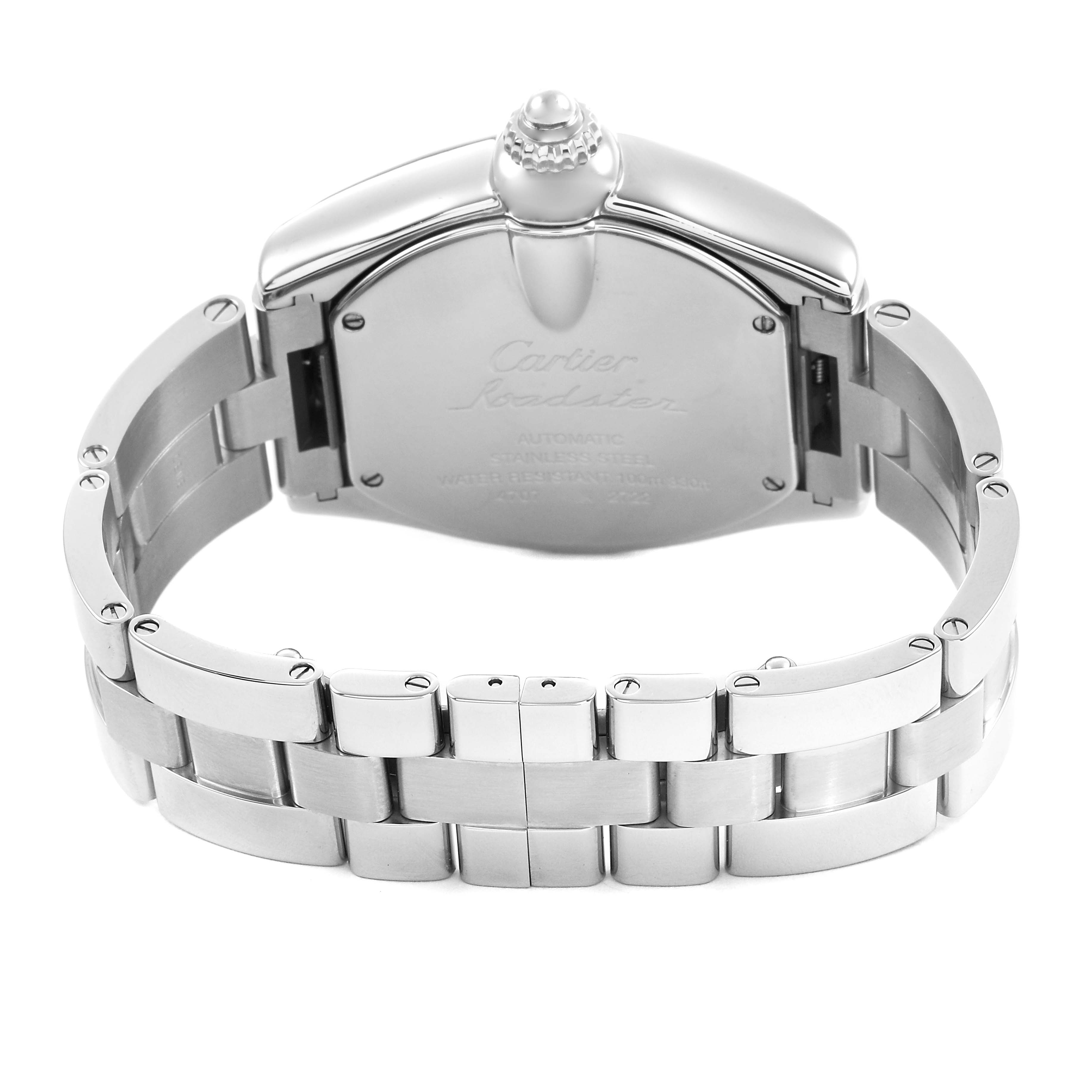 The image shows the back case and bracelet of the Cartier Roadster W62032X6 Men's Stainless Steel Silver Dial watch from a rear angle, highlighting the clasp and links.
