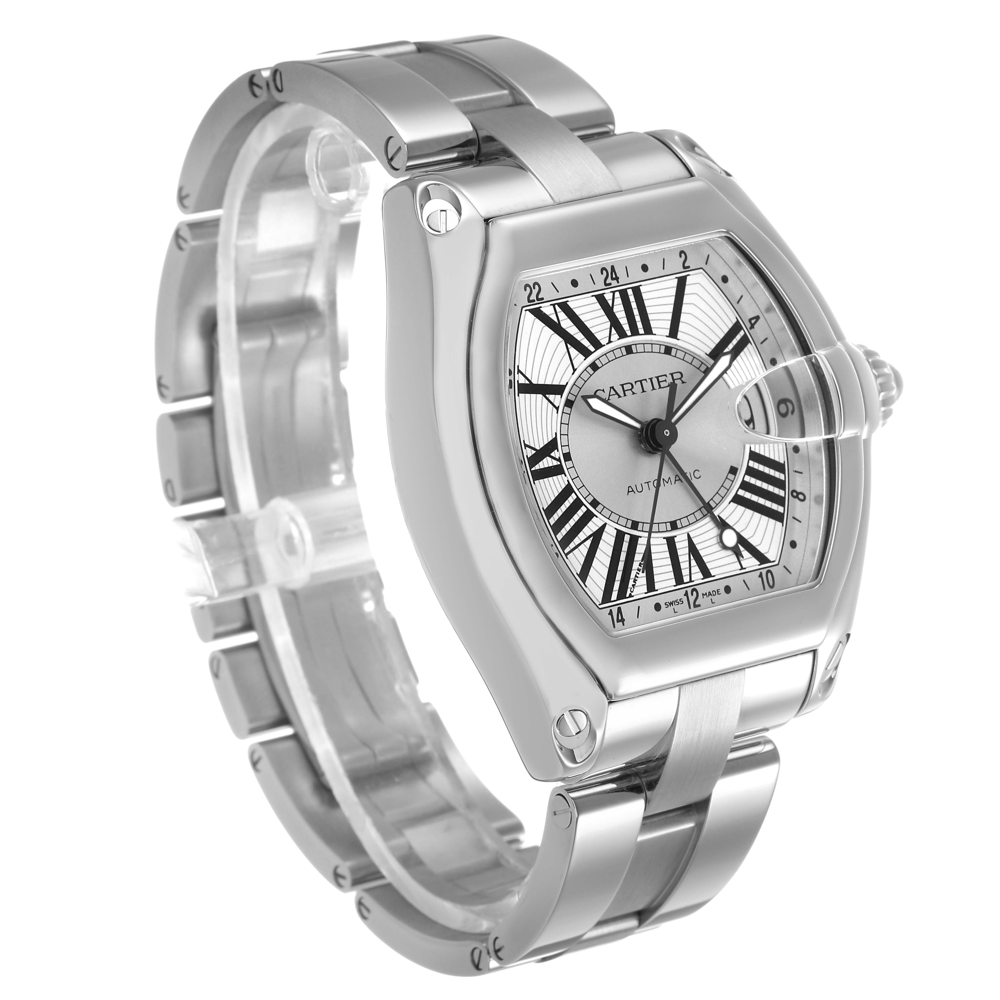 The Cartier Roadster W62032X6 Men's Stainless Steel Silver Dial watch is shown from a three-quarter angle, highlighting the face, case, and bracelet.