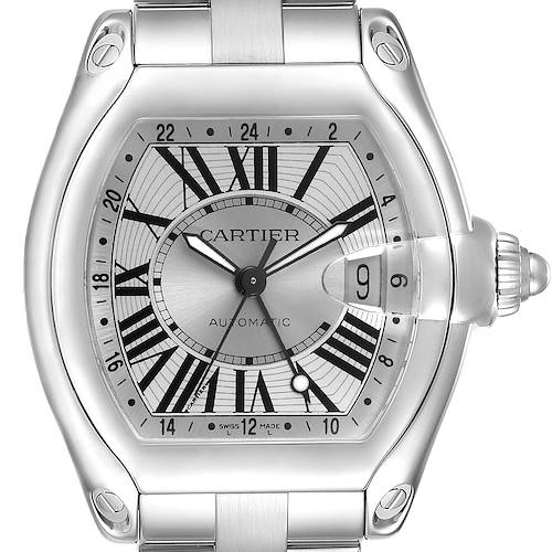 The Cartier Roadster W62032X6 Men's Stainless Steel Silver Dial watch is shown from the front, displaying the dial, case, and part of the bracelet.
