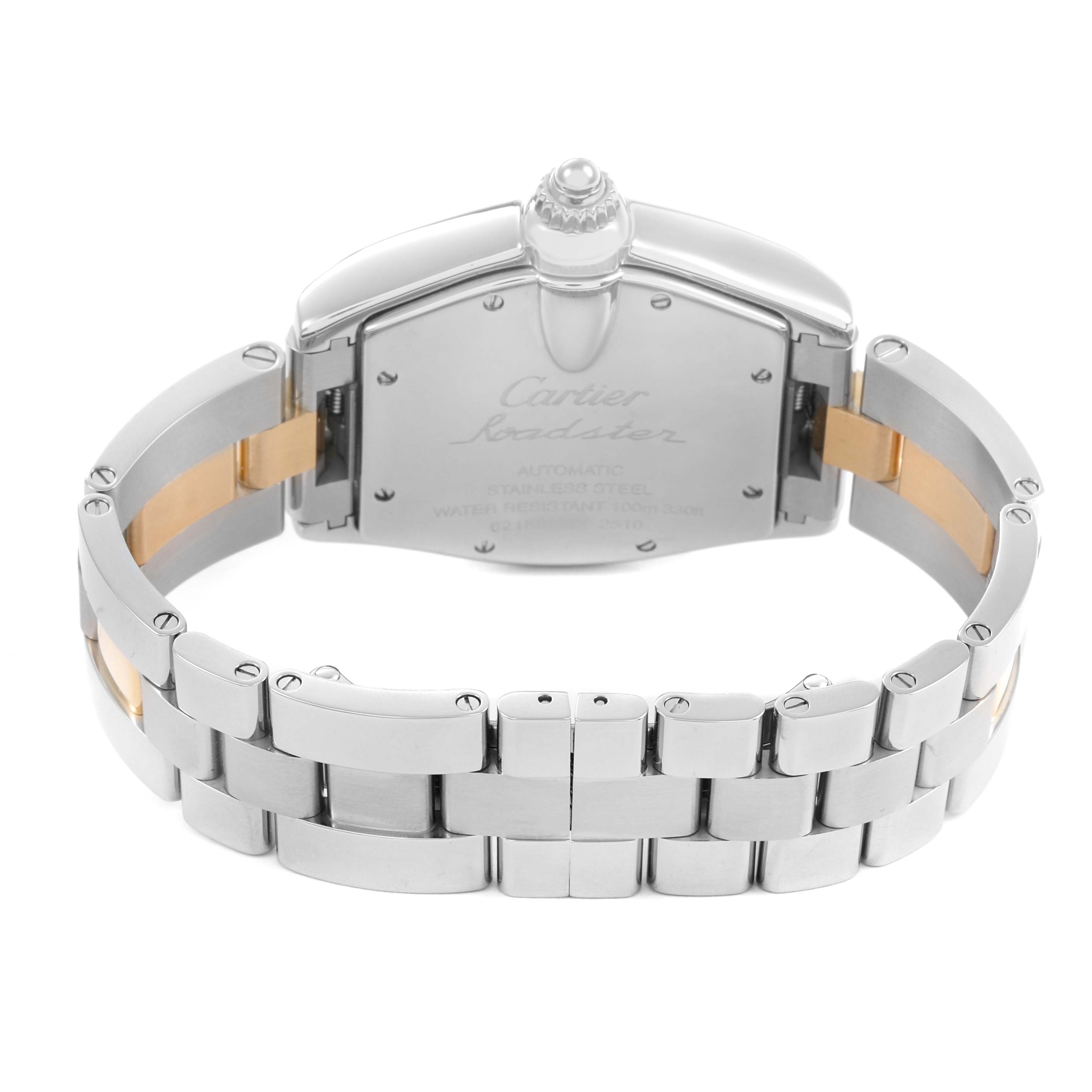The image shows the back of a Cartier Roadster W62031Y4 Men's Steel and Gold (two tone) Silver Dial watch, highlighting the stainless steel bracelet and case back engraving.