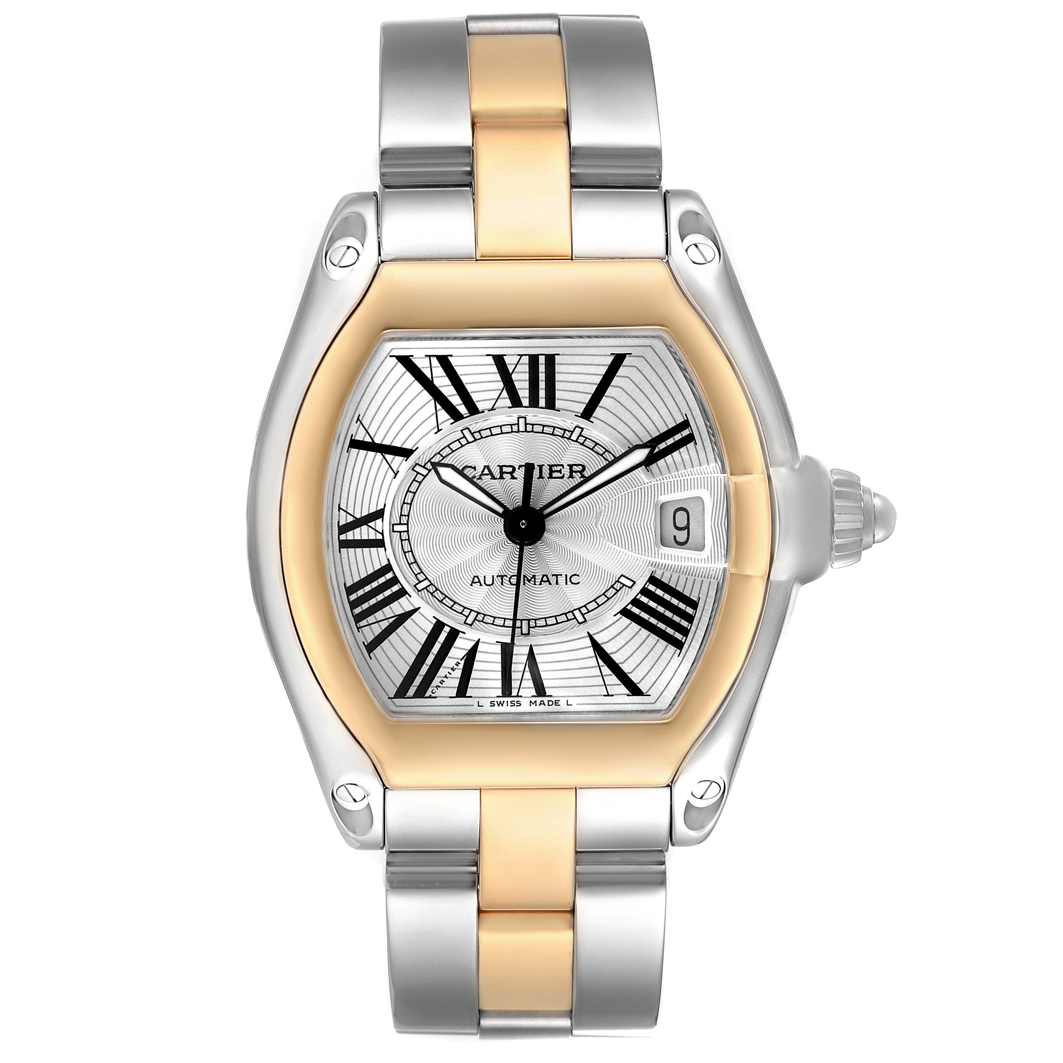The Cartier Roadster W62031Y4 Men's Steel and Gold (two tone) Silver Dial watch is shown from the front, displaying the dial, case, and bracelet.