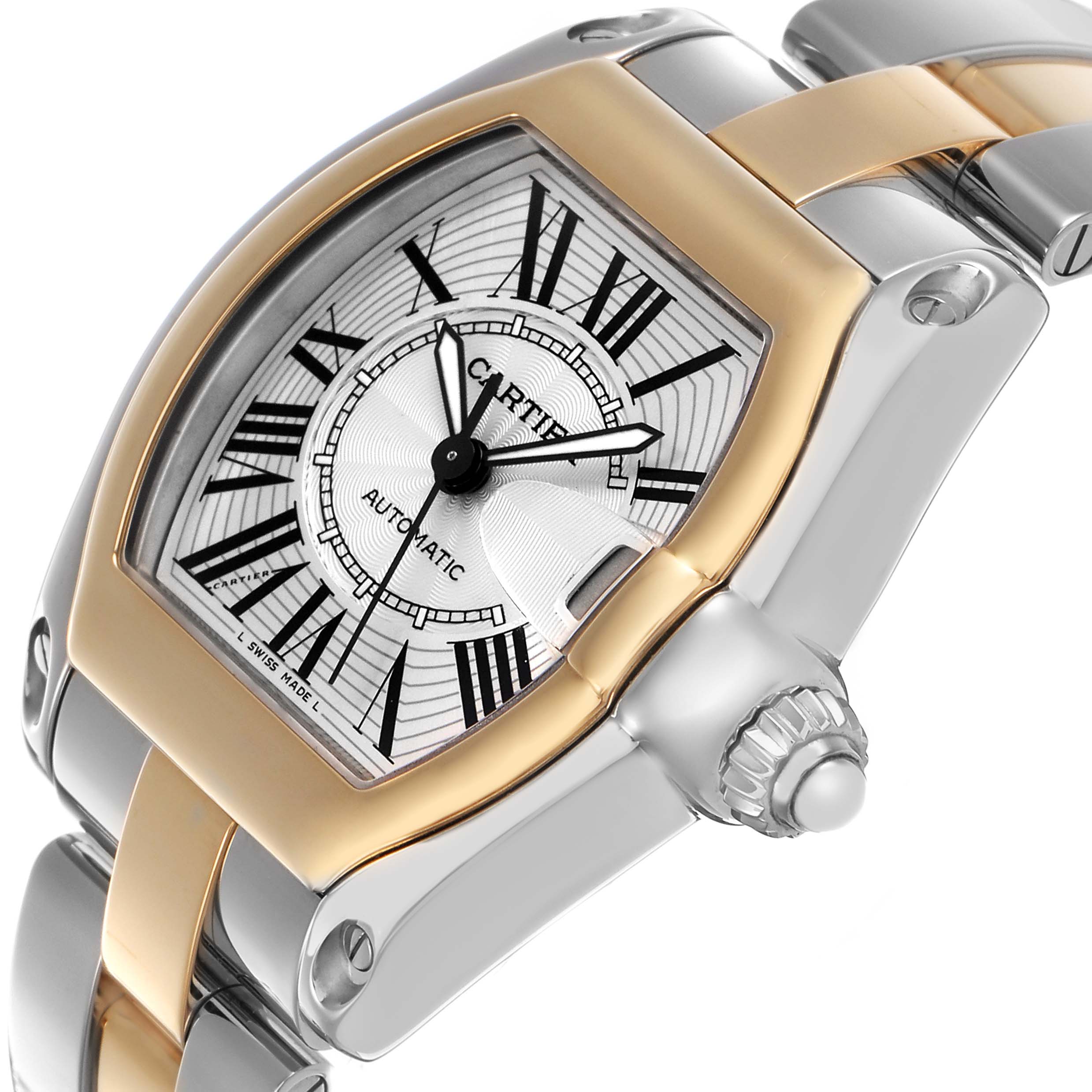 The Cartier Roadster W62031Y4 Men's Steel and Gold (two tone) Silver Dial watch is shown at an angled side view, displaying its dial, crown, and two-tone strap.
