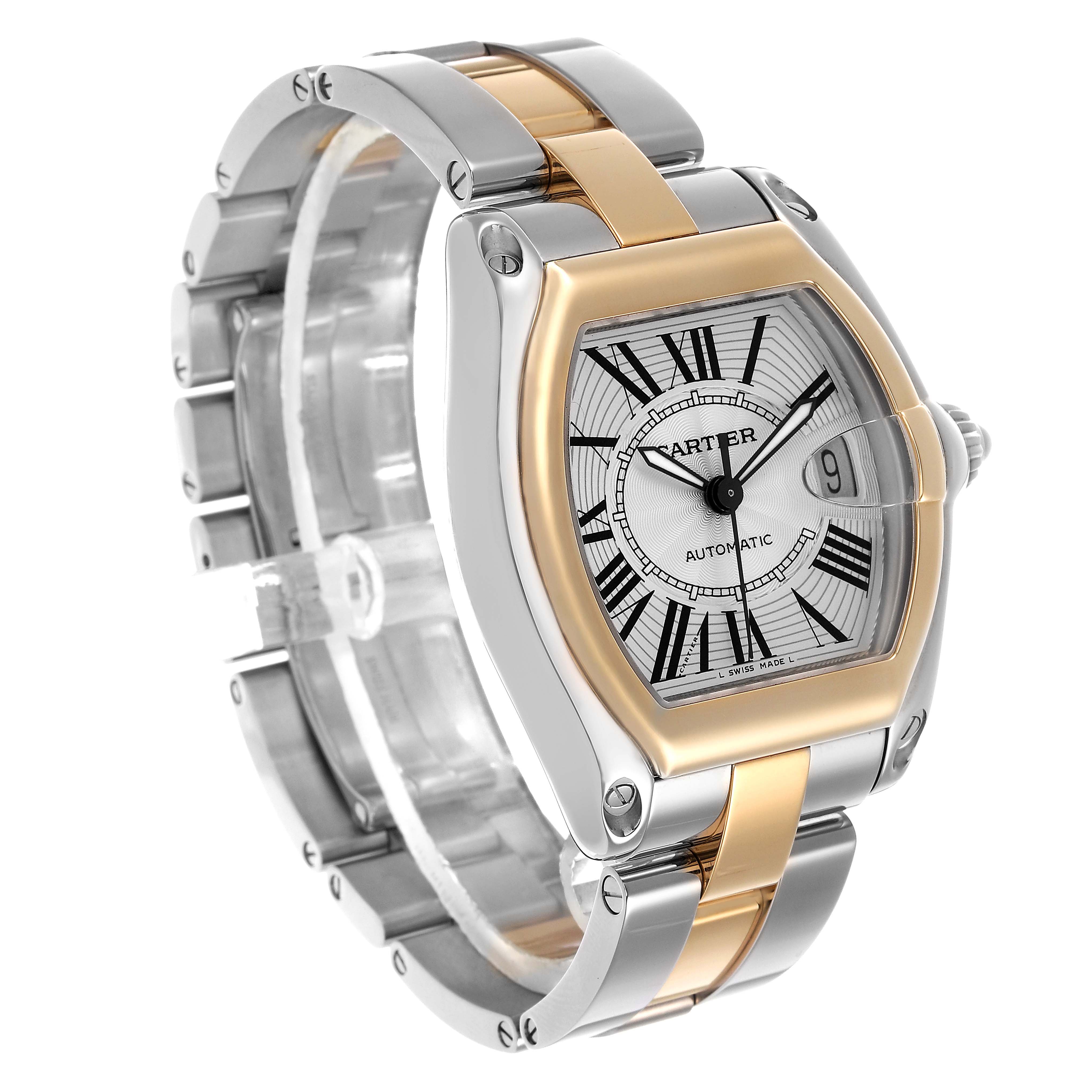 The Cartier Roadster W62031Y4 Men's Steel and Gold (two tone) Silver Dial watch is shown at a three-quarter angle, highlighting its two-tone bracelet and distinctive case shape.