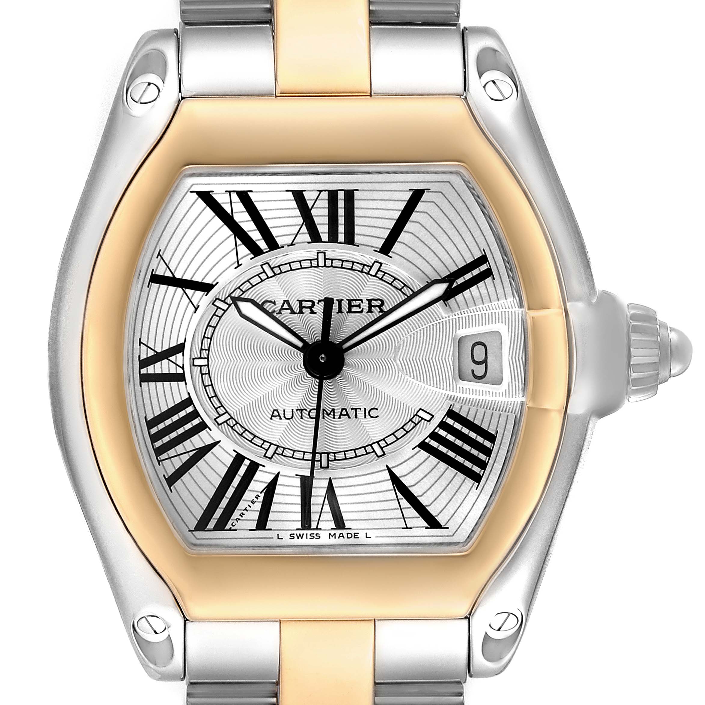 The Cartier Roadster W62031Y4 Men's Steel and Gold (two tone) Silver Dial watch is shown from the front, highlighting its dial, case, bezel, and bracelet.