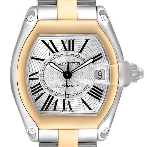 The Cartier Roadster W62031Y4 Men's Steel and Gold (two tone) Silver Dial watch is shown from a frontal angle, highlighting its face, date window, bezel, and part of the bracelet.