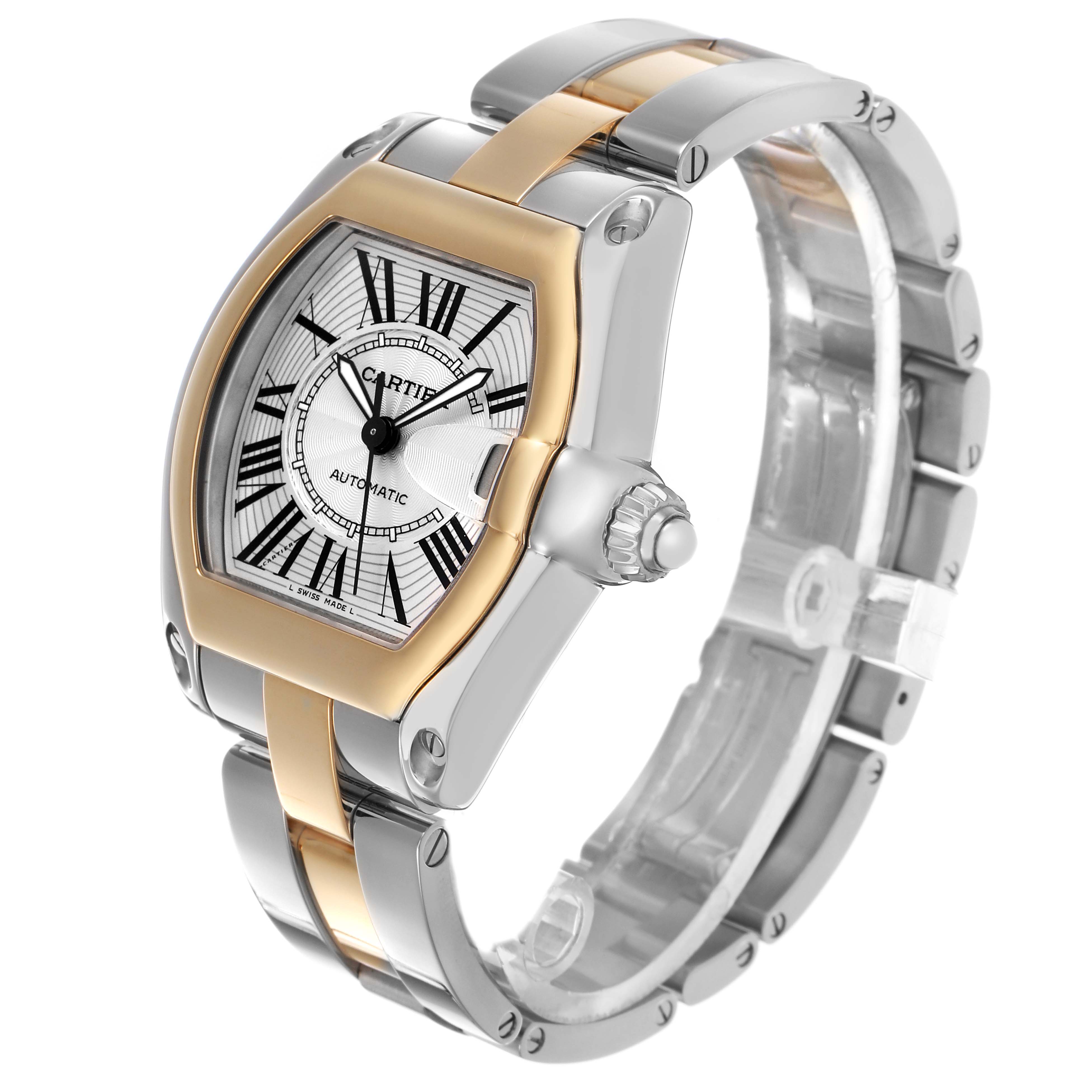 The Cartier Roadster W62031Y4 Men's Steel and Gold (two tone) Silver Dial watch is shown at a three-quarter angle displaying the case, dial, crown, and bracelet.