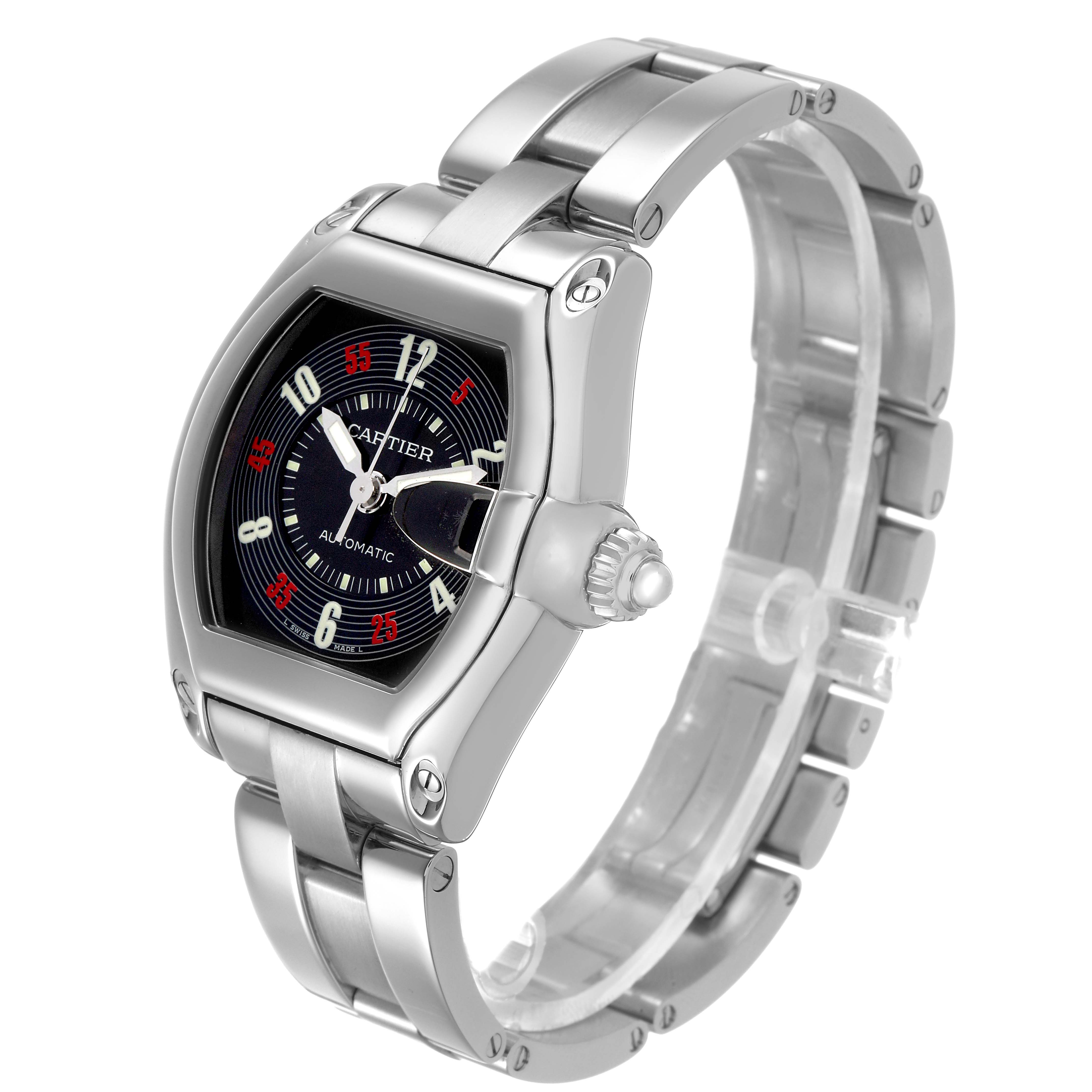 The Cartier Roadster W62002V3 Men's Stainless Steel Black Dial watch is shown at a three-quarter angle, highlighting its stainless steel case, black dial, and metal bracelet.