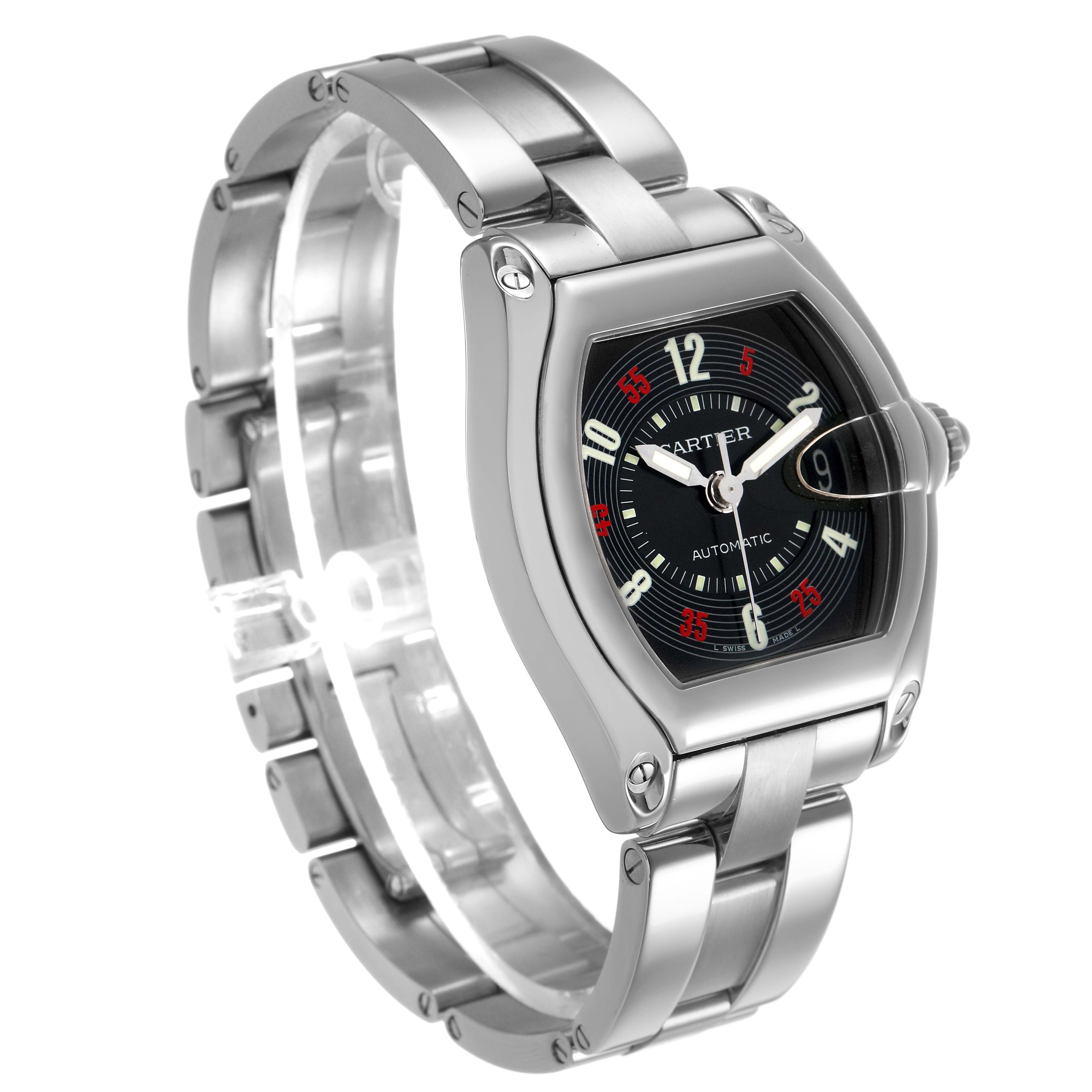 The Cartier Roadster W62002V3 Men's Stainless Steel Black Dial watch is shown at a three-quarter angle, highlighting its case, dial, and bracelet.