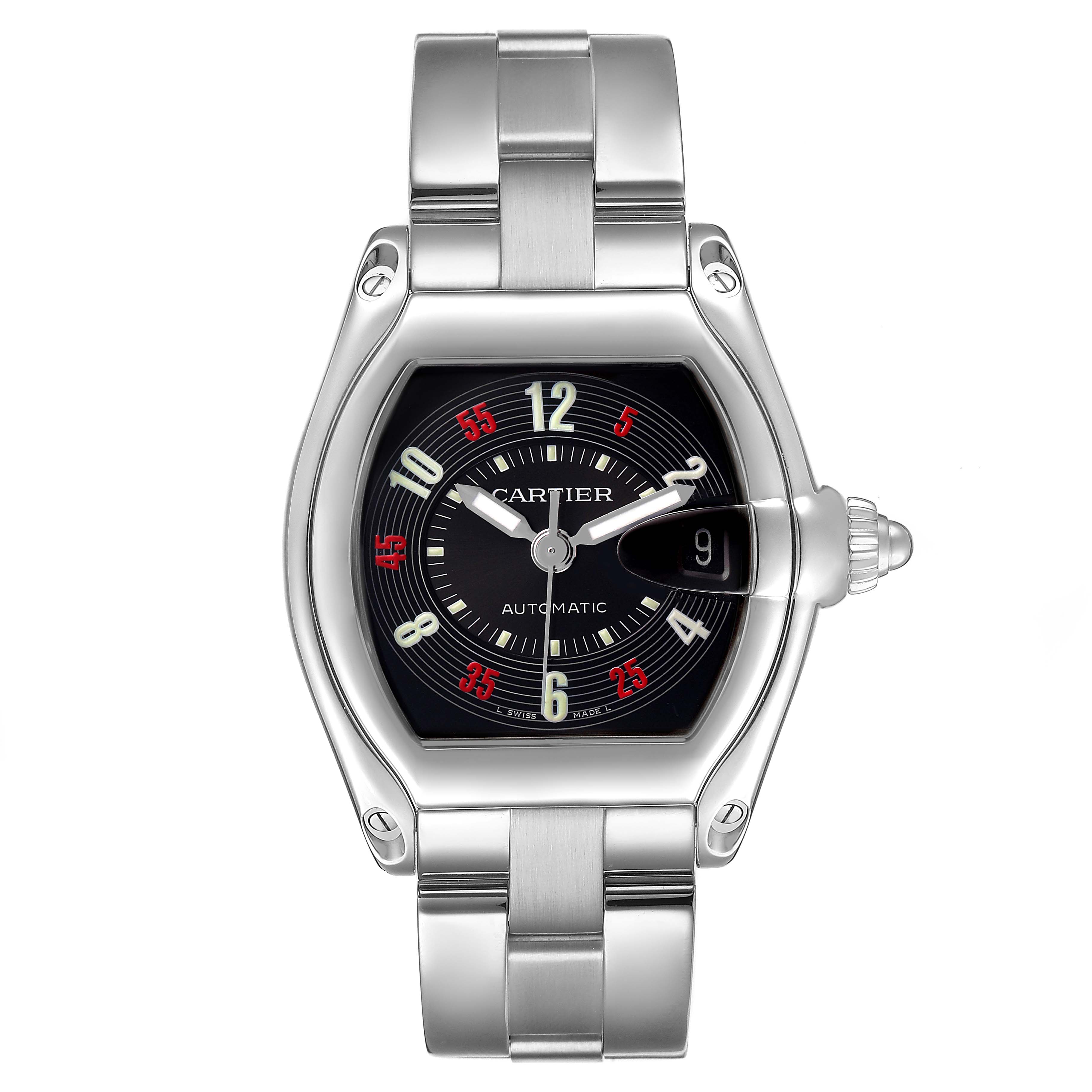 The Cartier Roadster W62002V3 Men's Stainless Steel Black Dial watch is shown from a top-down view, displaying its dial, case, and metal bracelet.