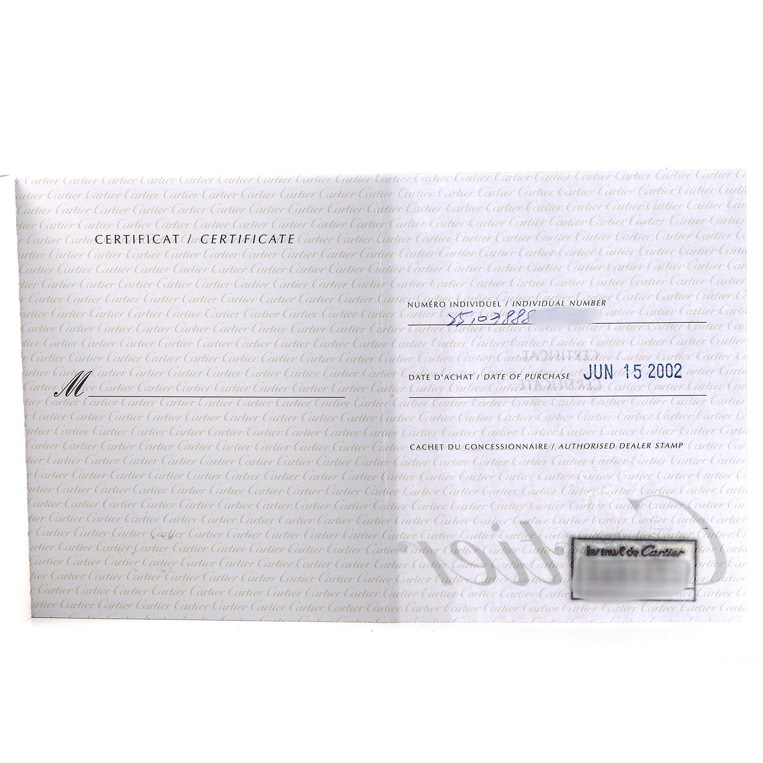 The image shows a certificate for the Cartier Roadster W62002V3 Men's Stainless Steel Black Dial watch with purchase details and a dealer stamp.