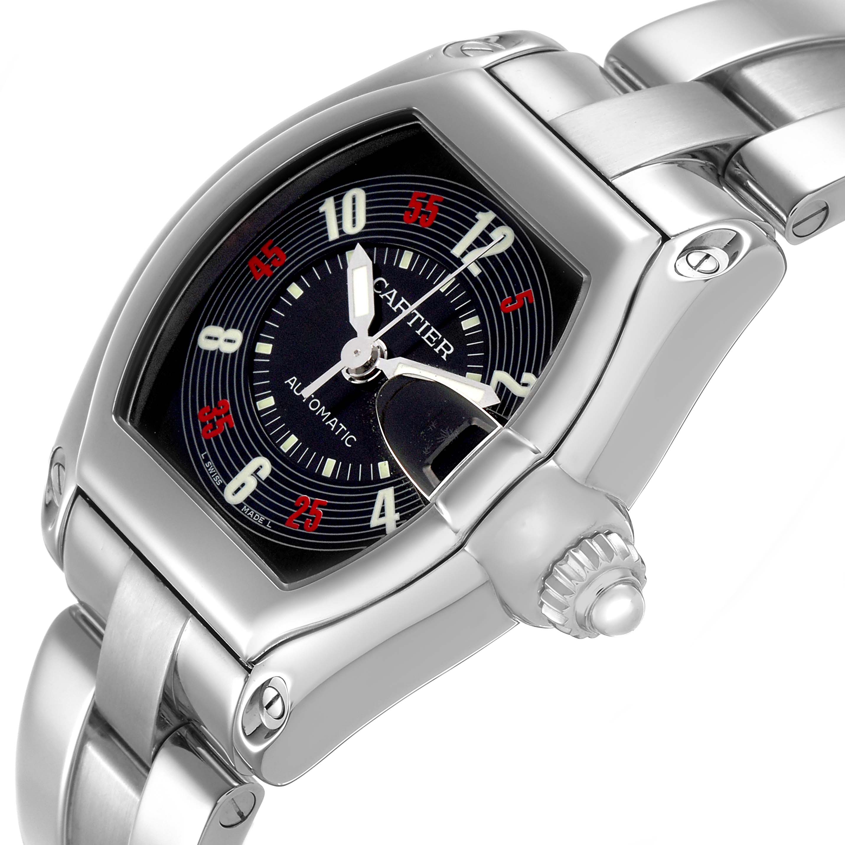 The Cartier Roadster W62002V3 Men's Stainless Steel Black Dial watch is shown at an angled view, highlighting its face, crown, and bracelet.