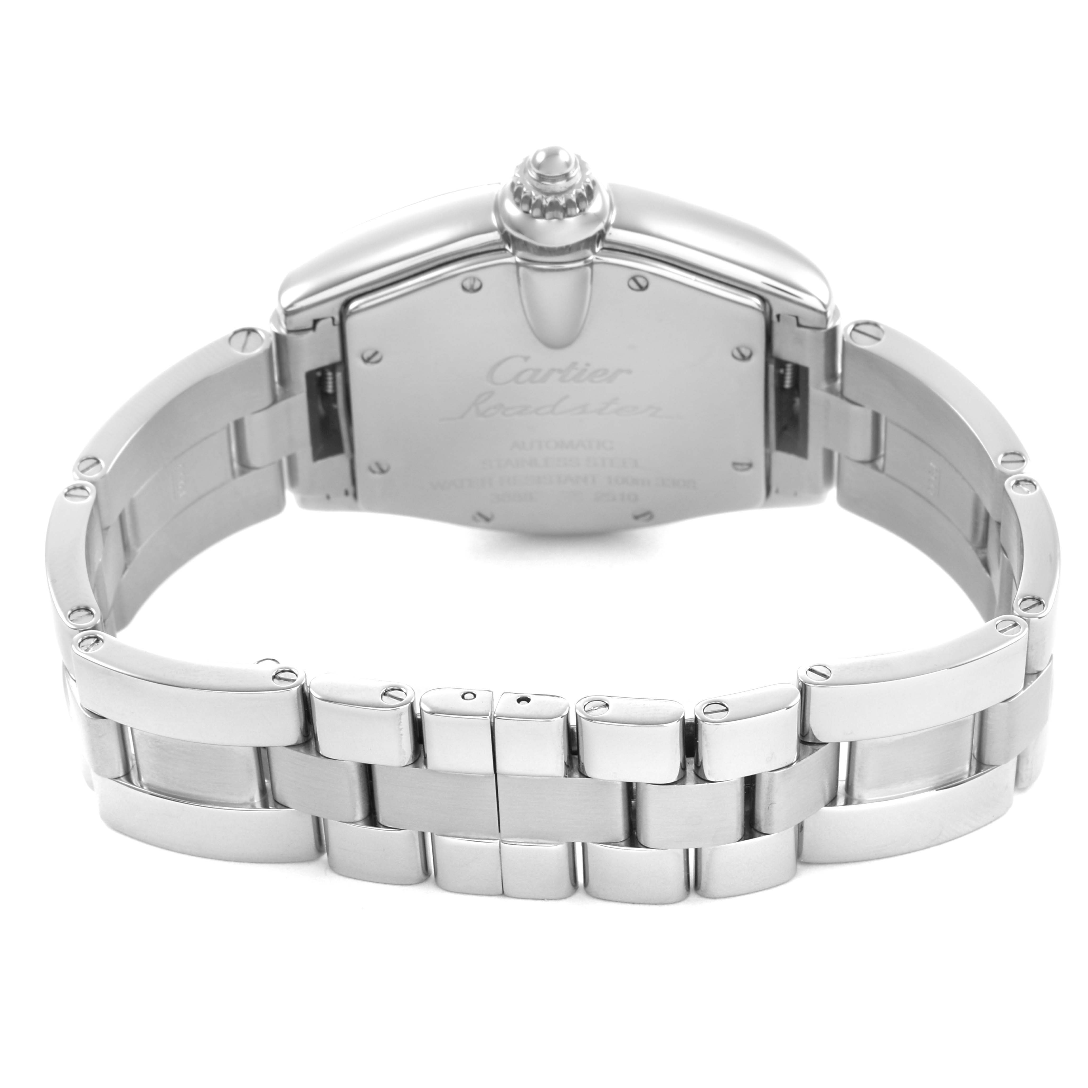 The Cartier Roadster W62002V3 Men's Stainless Steel Black Dial watch is shown from the back, highlighting the case back, bracelet, and clasp.