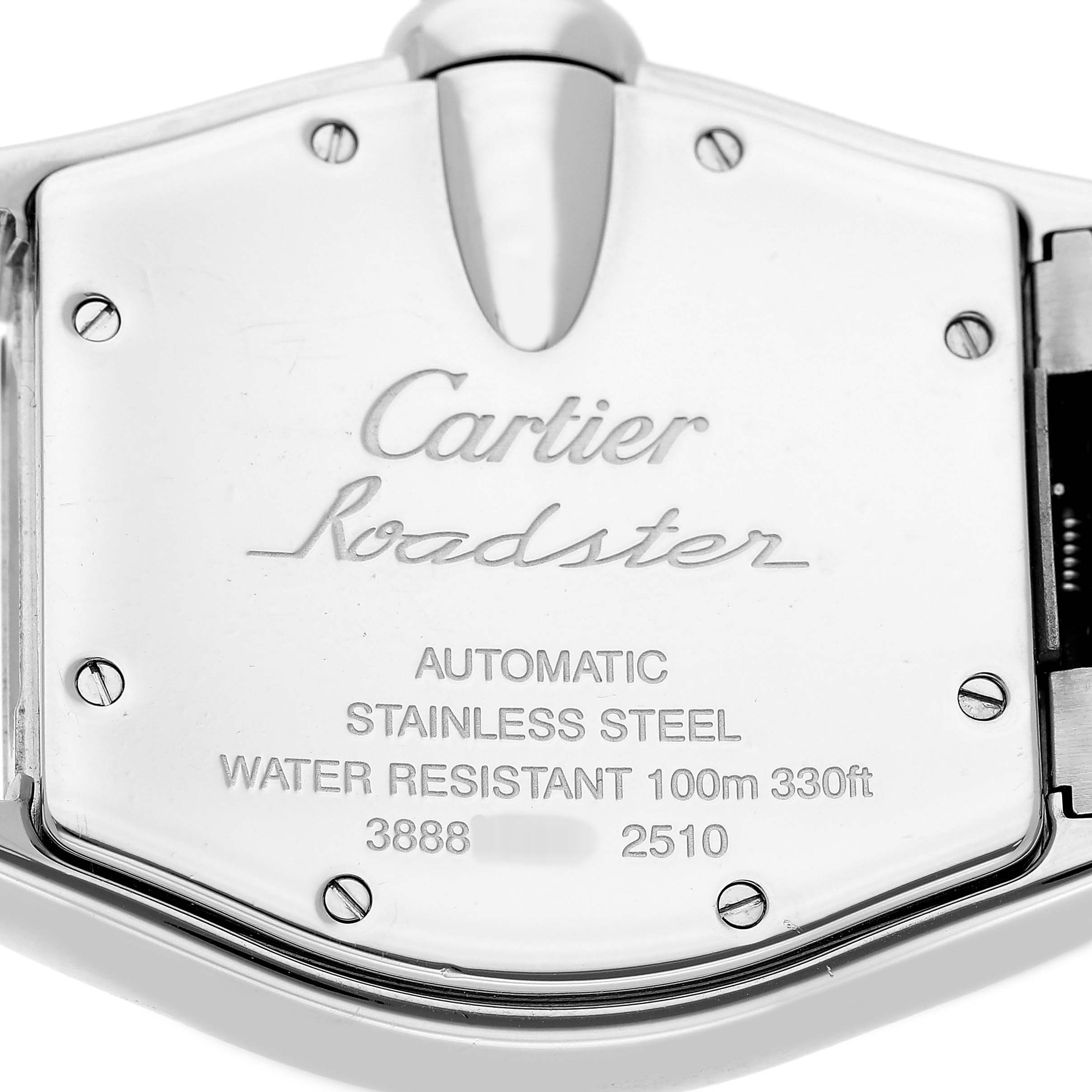 The image shows the back case of a Cartier Roadster W62002V3 Men's Stainless Steel Black Dial watch, displaying its specifications and branding.