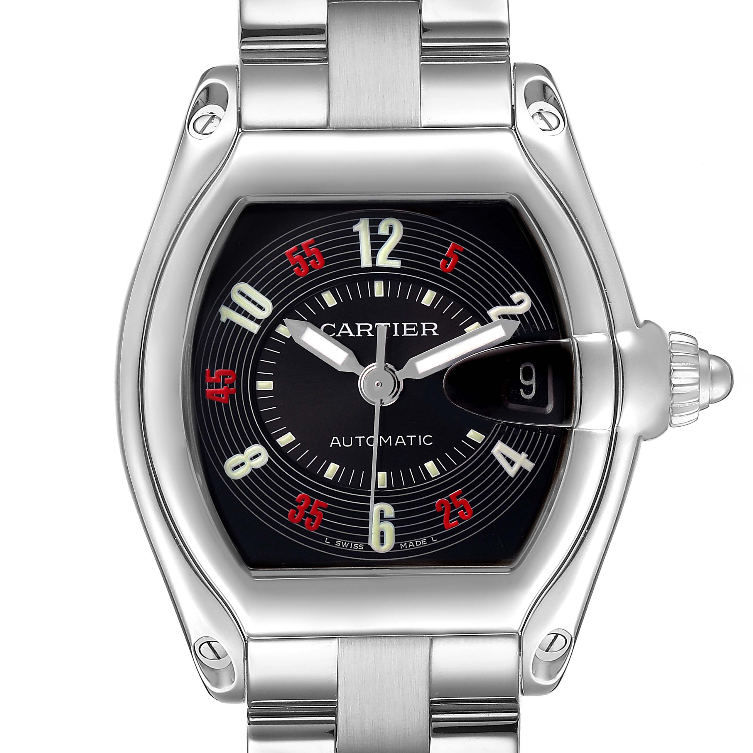 The Cartier Roadster W62002V3 Men's Stainless Steel Black Dial watch is shown from a top view, highlighting its dial, bracelet, and distinctive screw details.