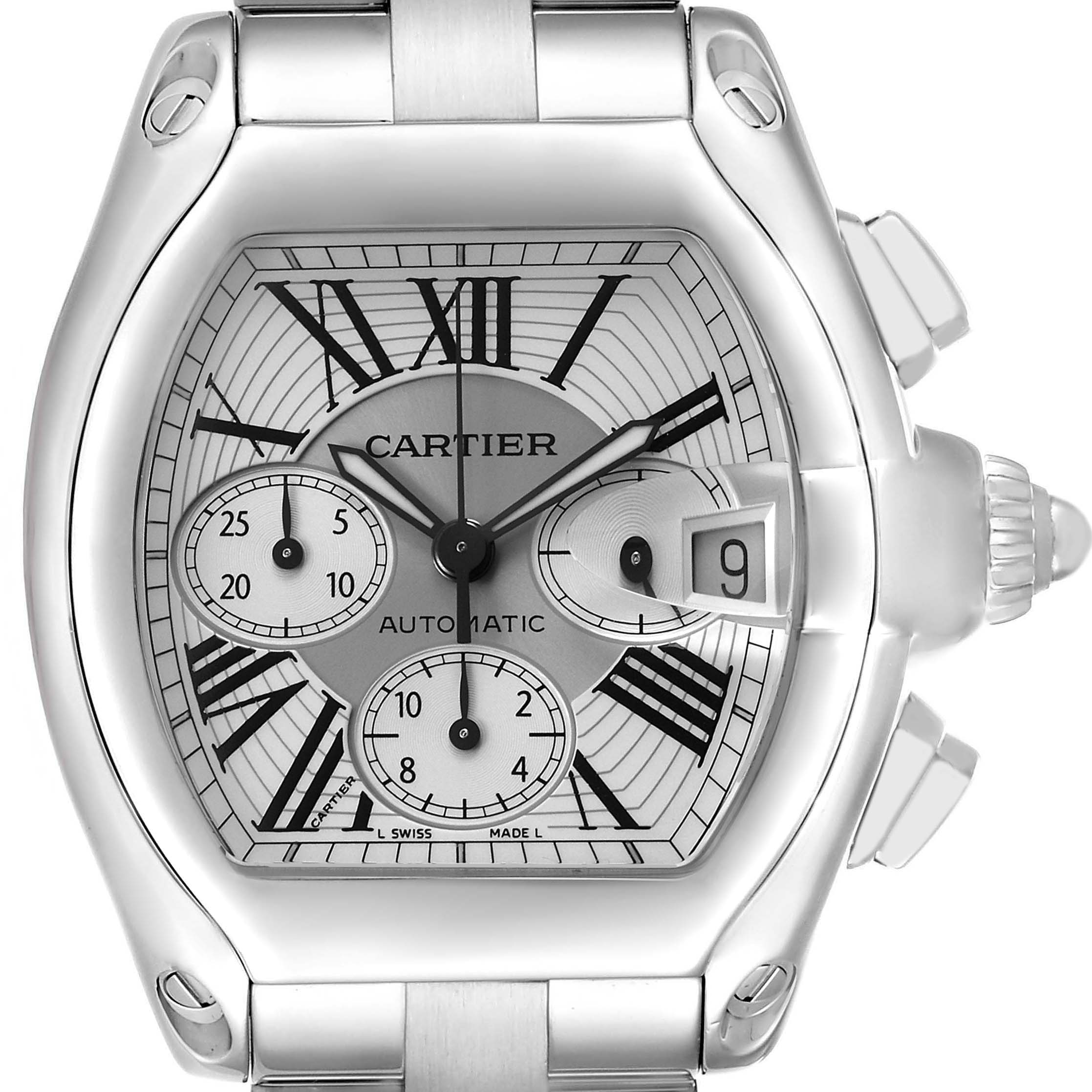 The image shows a Cartier Roadster W62019X6 Men's Stainless Steel Silver Dial watch face at a front angle, displaying the dial, hands, subdials, and date window.
