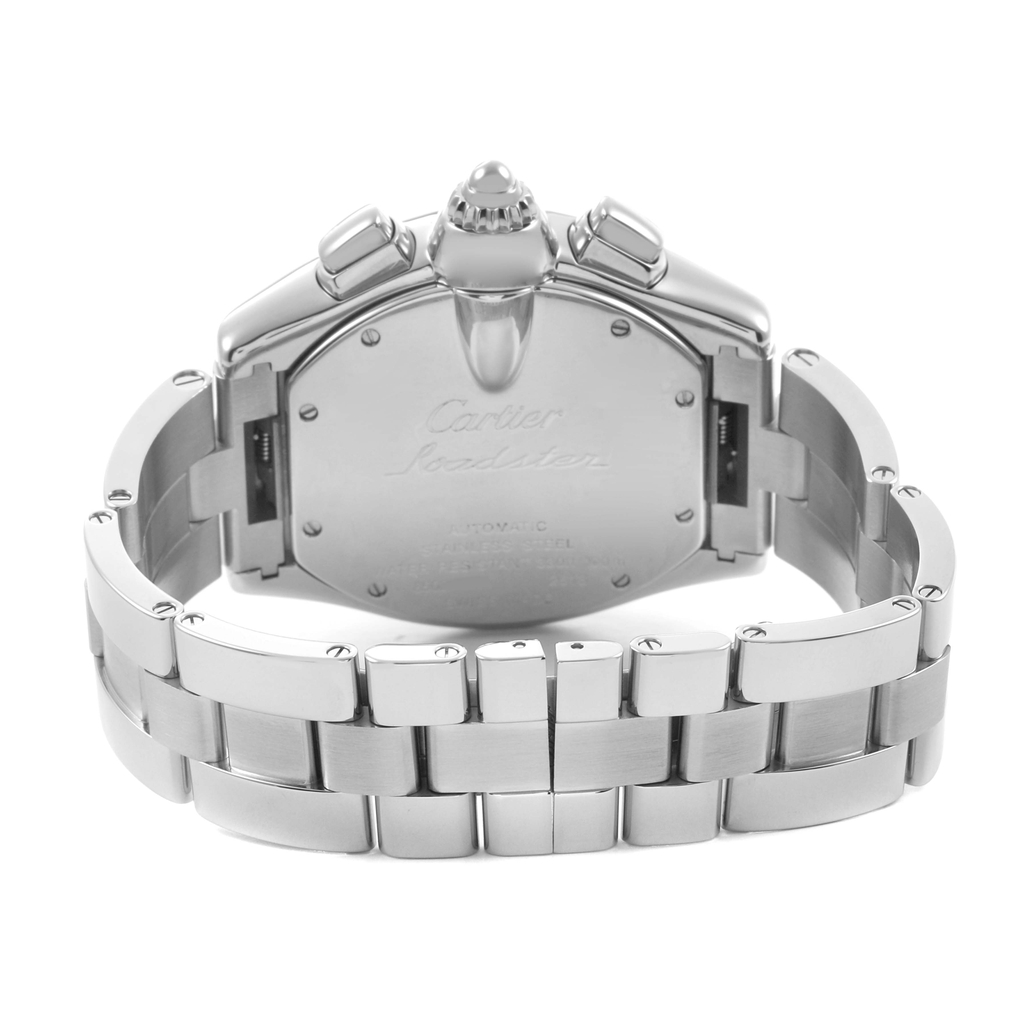The Cartier Roadster W62019X6 Men's Stainless Steel Silver Dial watch is shown from the back, displaying its case and bracelet.